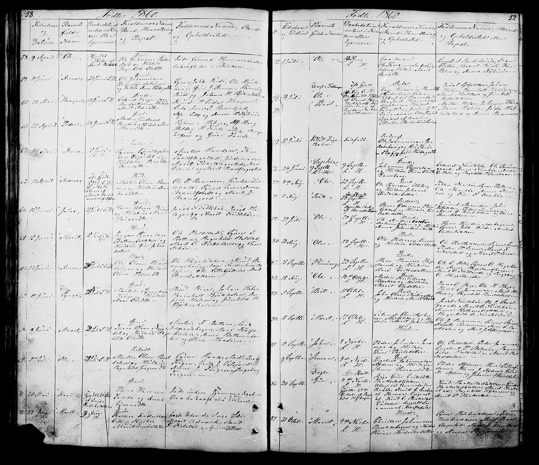 Lesja prestekontor, SAH/PREST-068/H/Ha/Hab/L0005: Parish register (copy) no. 5, 1850-1894, p. 58-59