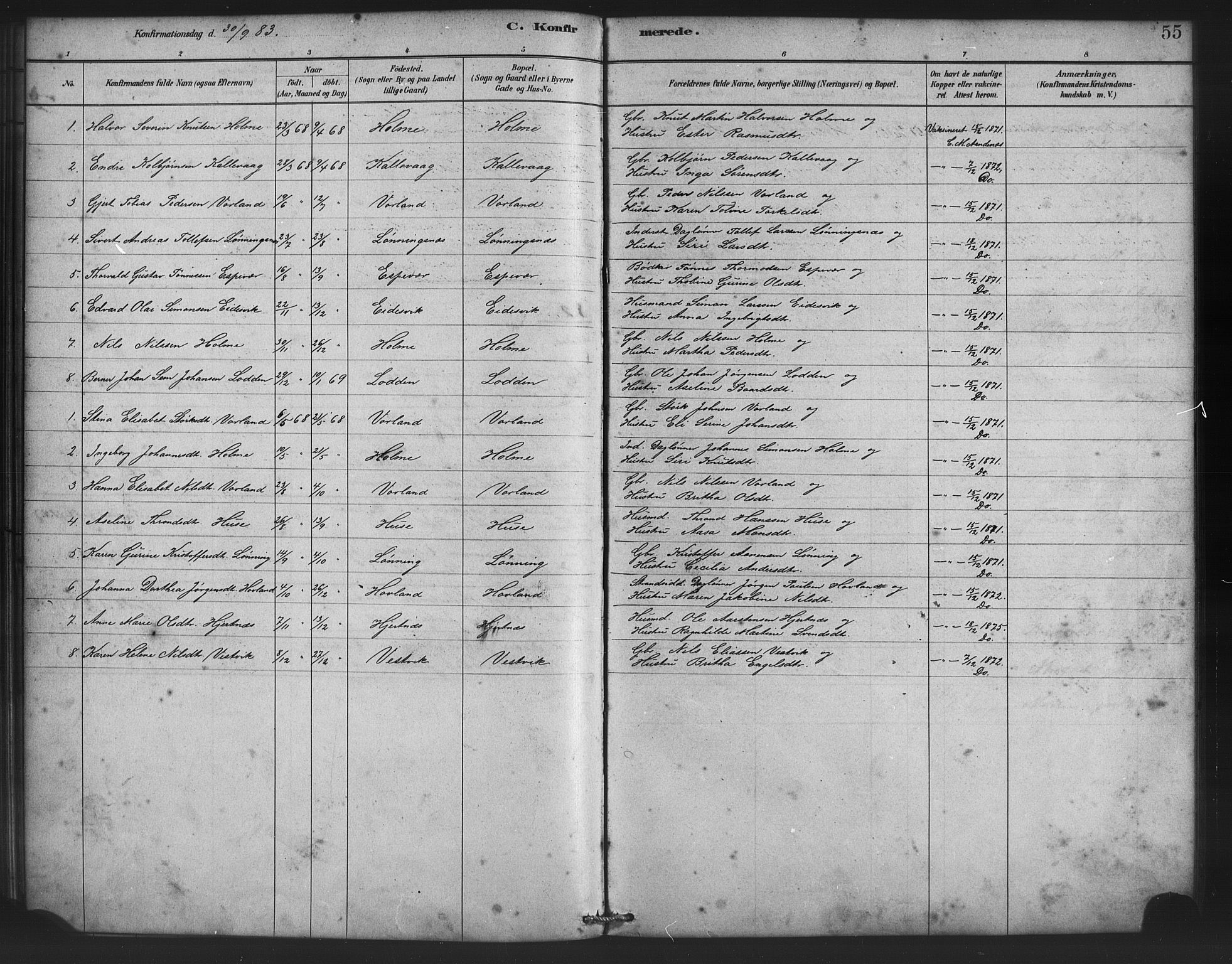 Finnås sokneprestembete, AV/SAB-A-99925/H/Ha/Haa/Haad/L0001: Parish register (official) no. D 1, 1880-1894, p. 55