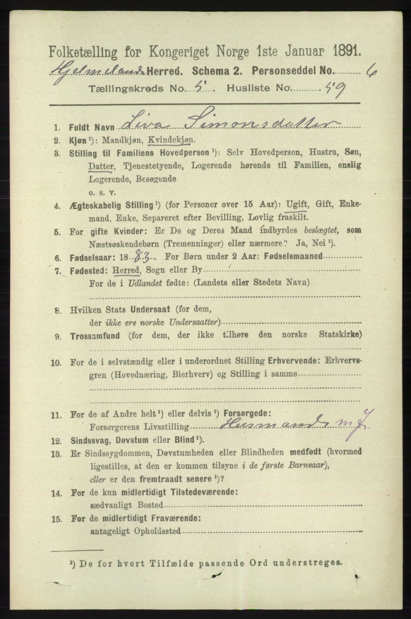 RA, 1891 census for 1133 Hjelmeland, 1891, p. 1493