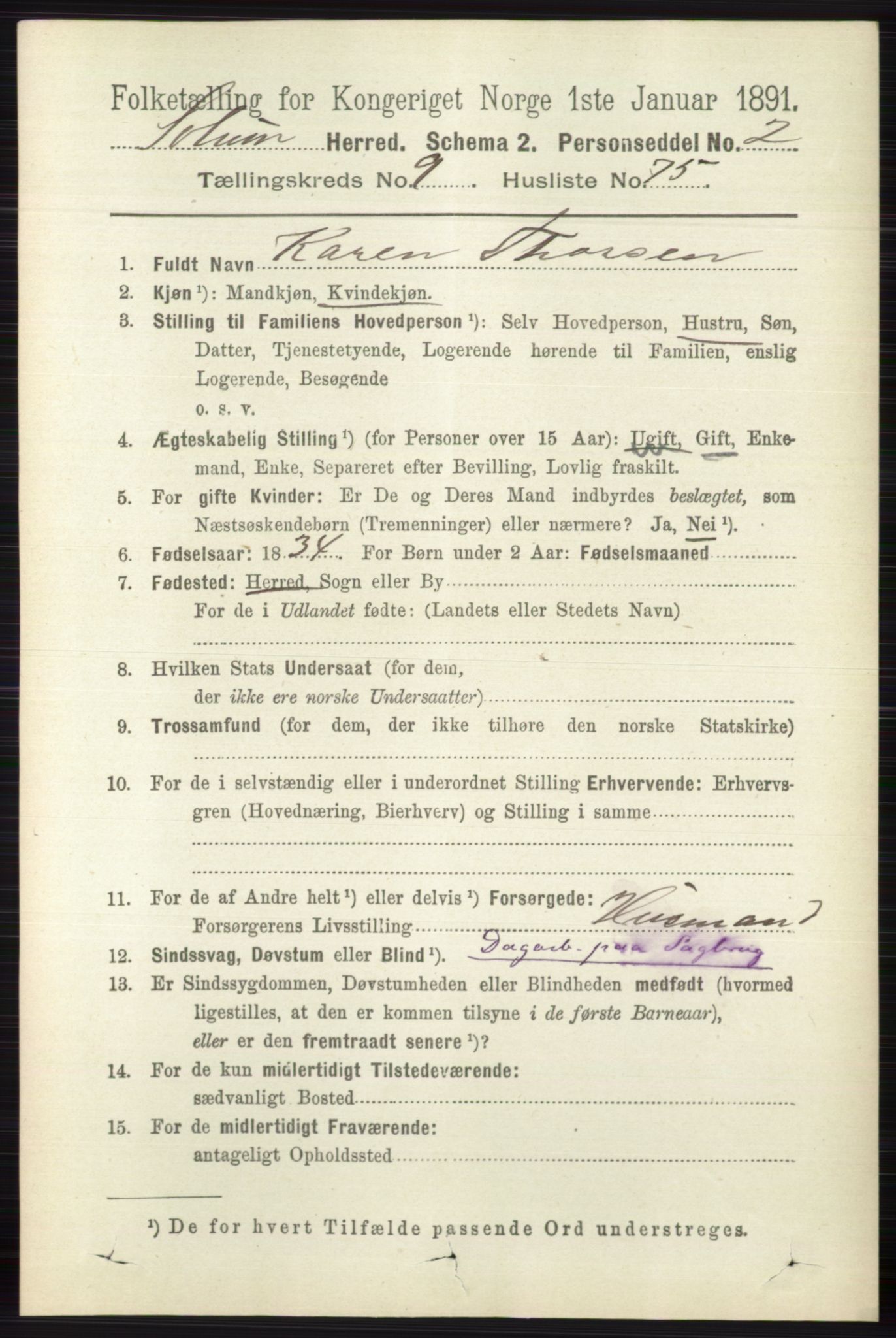 RA, 1891 census for 0818 Solum, 1891, p. 2475