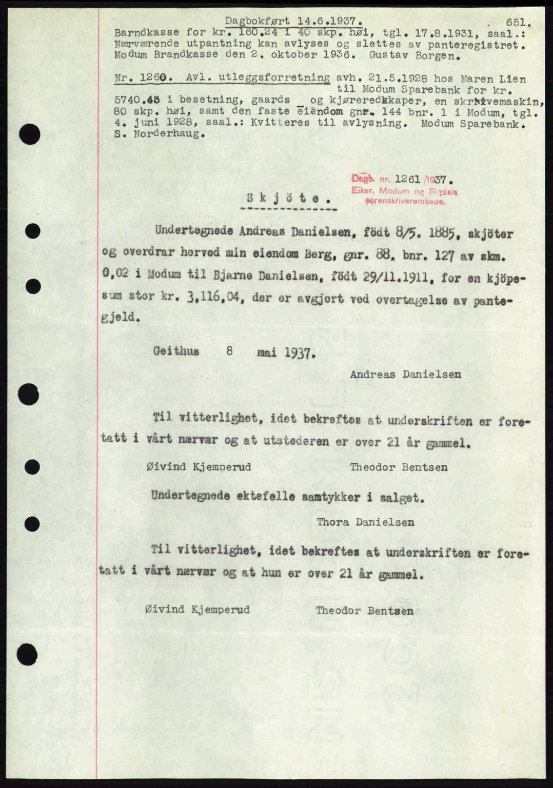 Eiker, Modum og Sigdal sorenskriveri, SAKO/A-123/G/Ga/Gab/L0035: Mortgage book no. A5, 1937-1937, Diary no: : 1261/1937