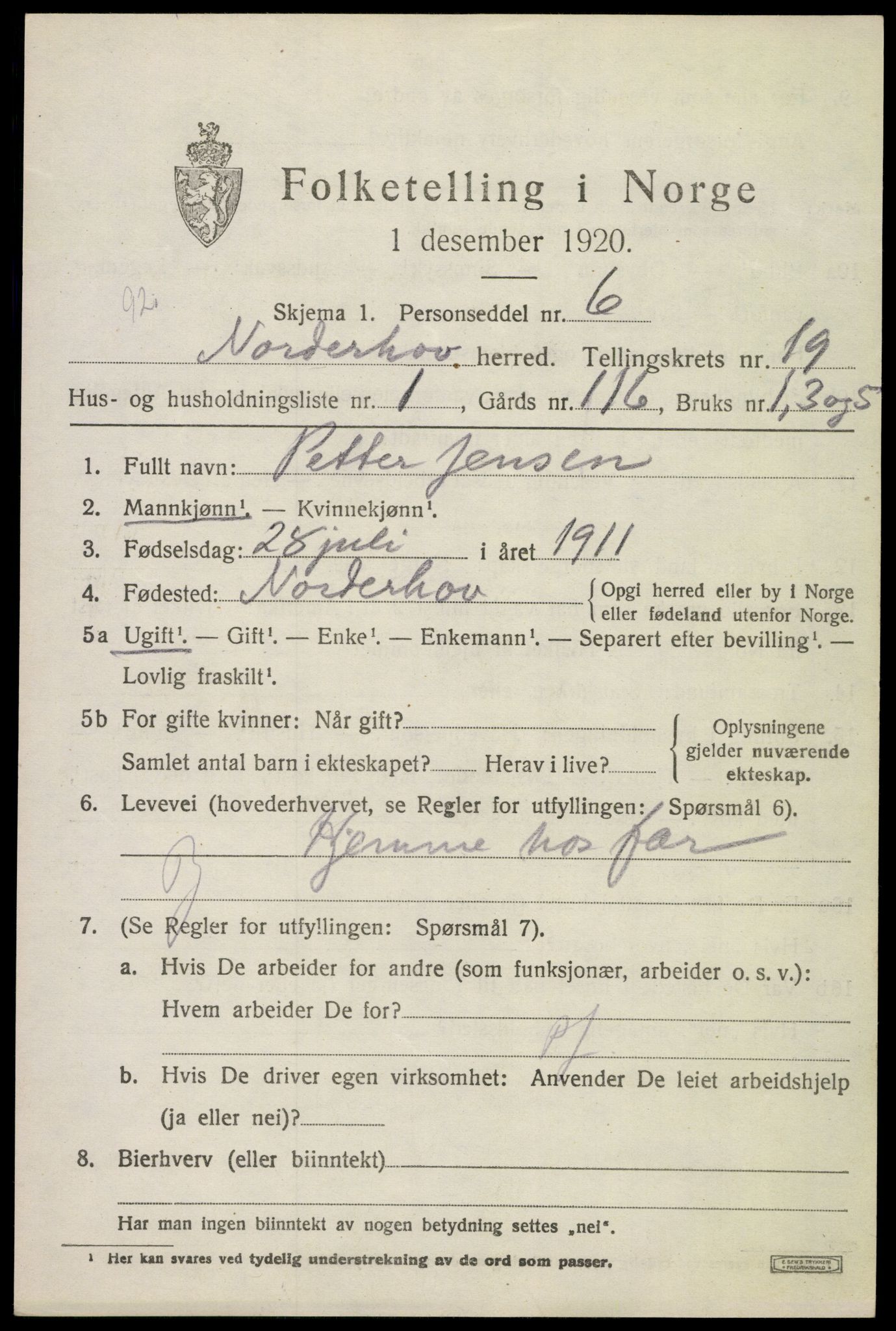 SAKO, 1920 census for Norderhov, 1920, p. 20314