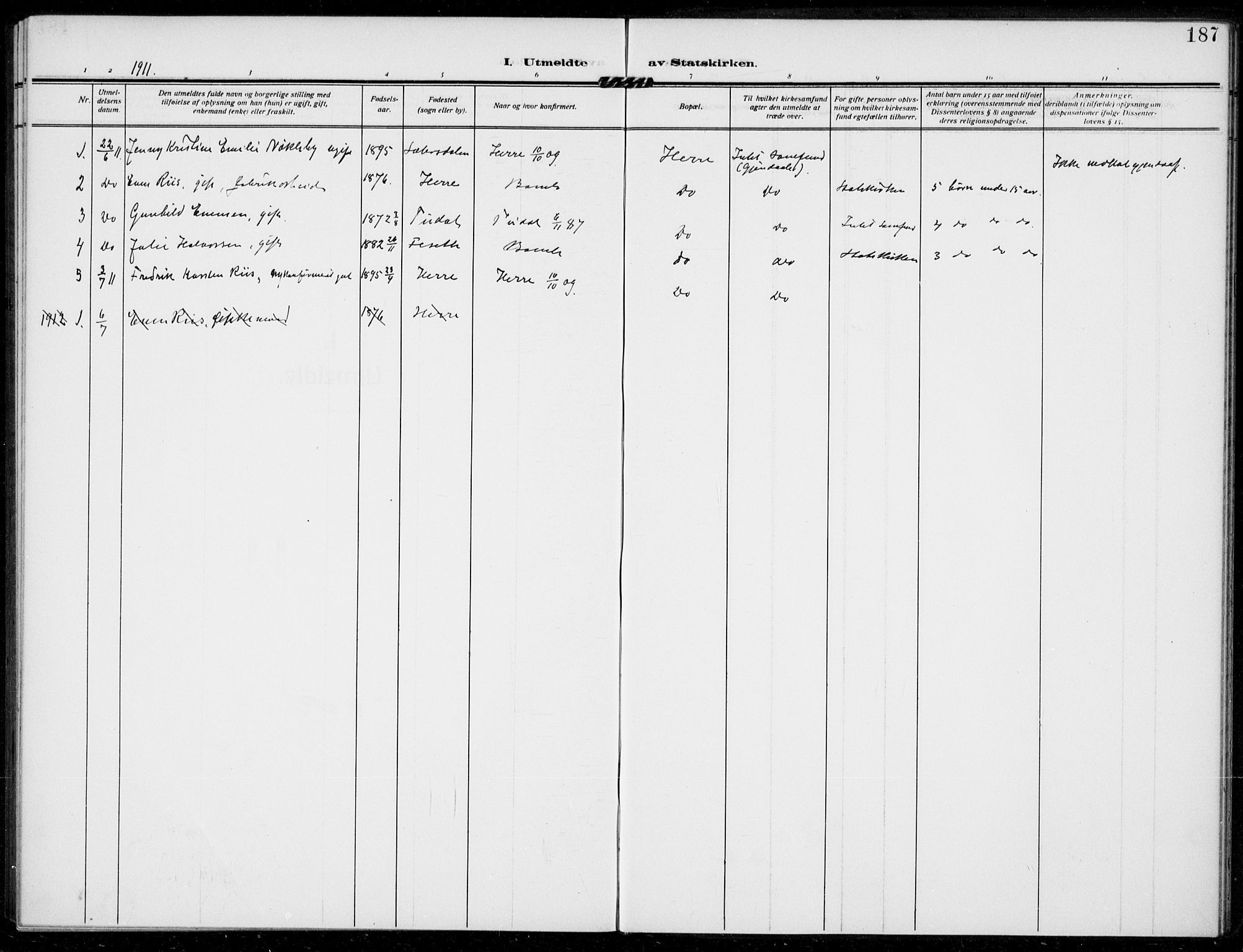 Bamble kirkebøker, SAKO/A-253/F/Fc/L0001: Parish register (official) no. III 1, 1909-1916, p. 187
