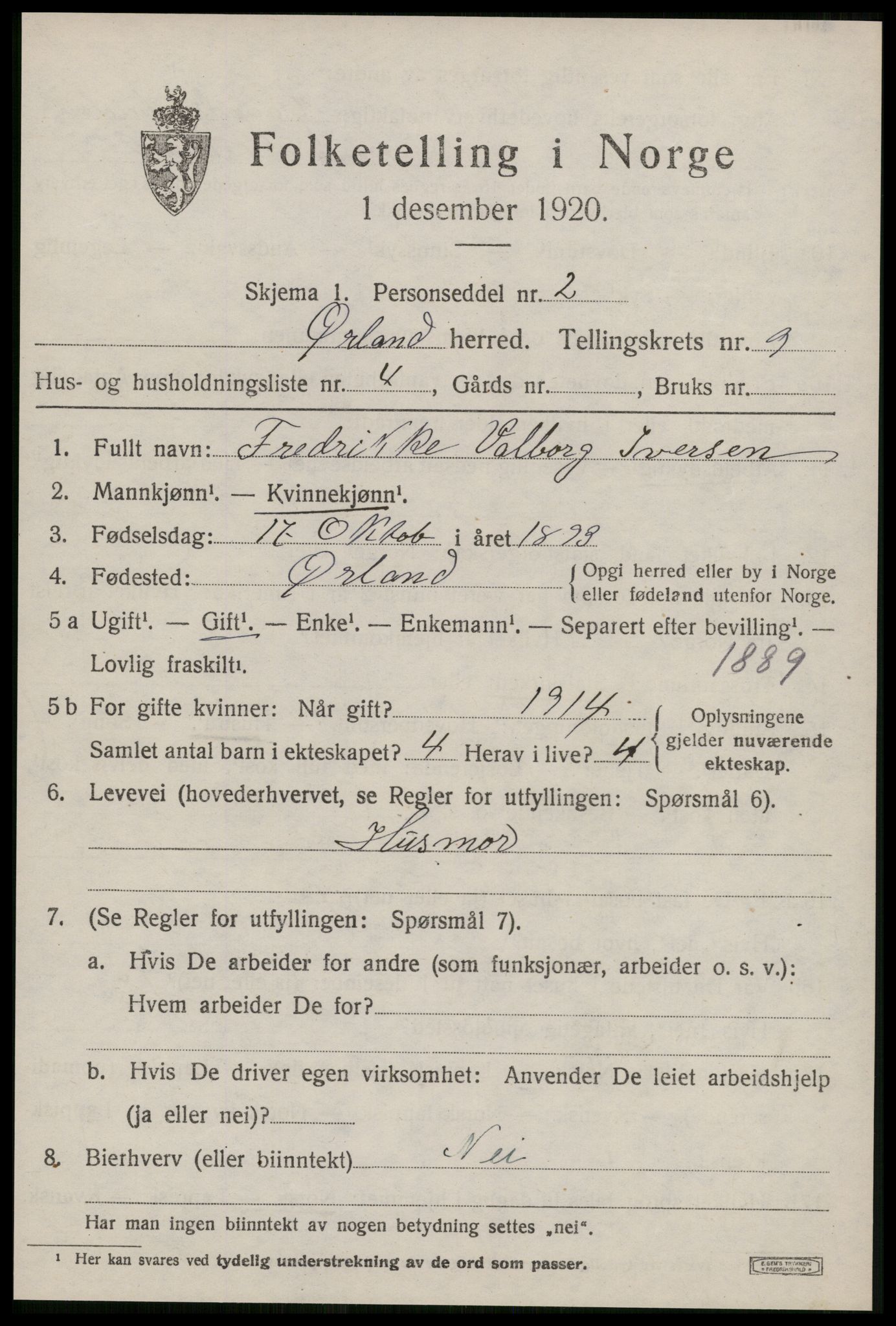 SAT, 1920 census for Ørland, 1920, p. 7871