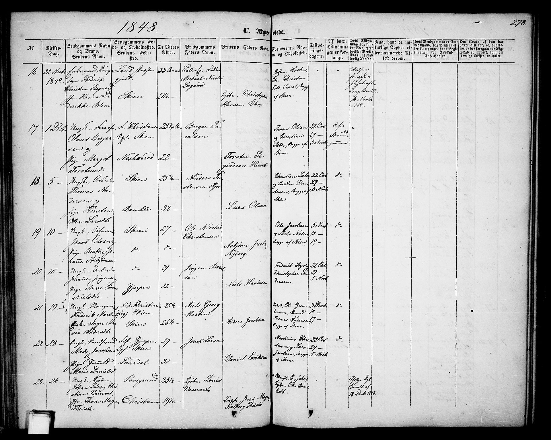 Skien kirkebøker, SAKO/A-302/G/Ga/L0004: Parish register (copy) no. 4, 1843-1867, p. 278