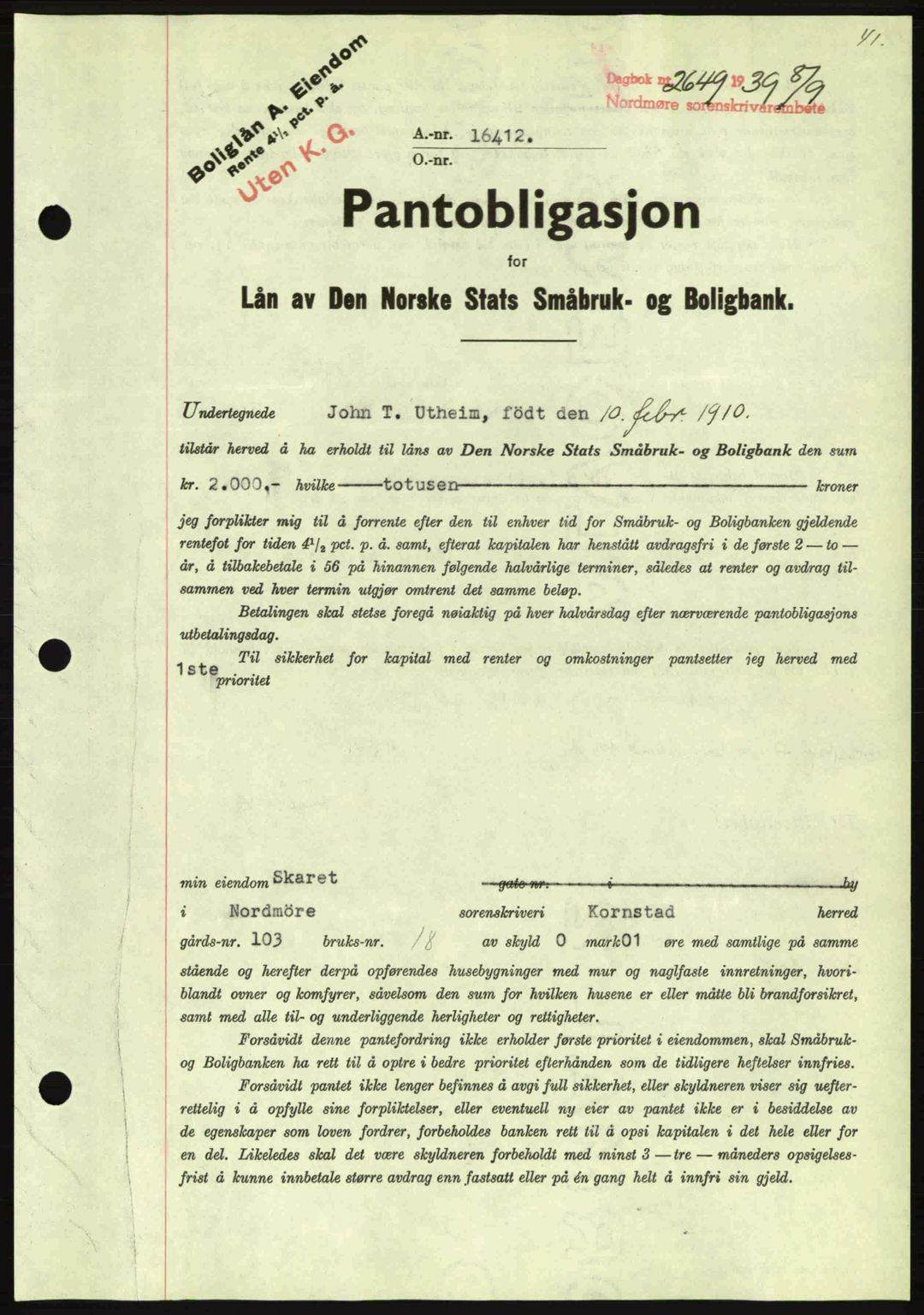 Nordmøre sorenskriveri, AV/SAT-A-4132/1/2/2Ca: Mortgage book no. B86, 1939-1940, Diary no: : 2649/1939