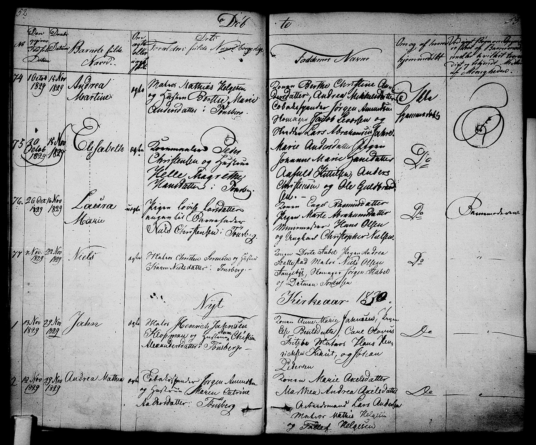 Tønsberg kirkebøker, AV/SAKO-A-330/F/Fa/L0005: Parish register (official) no. I 5, 1827-1836, p. 52-53