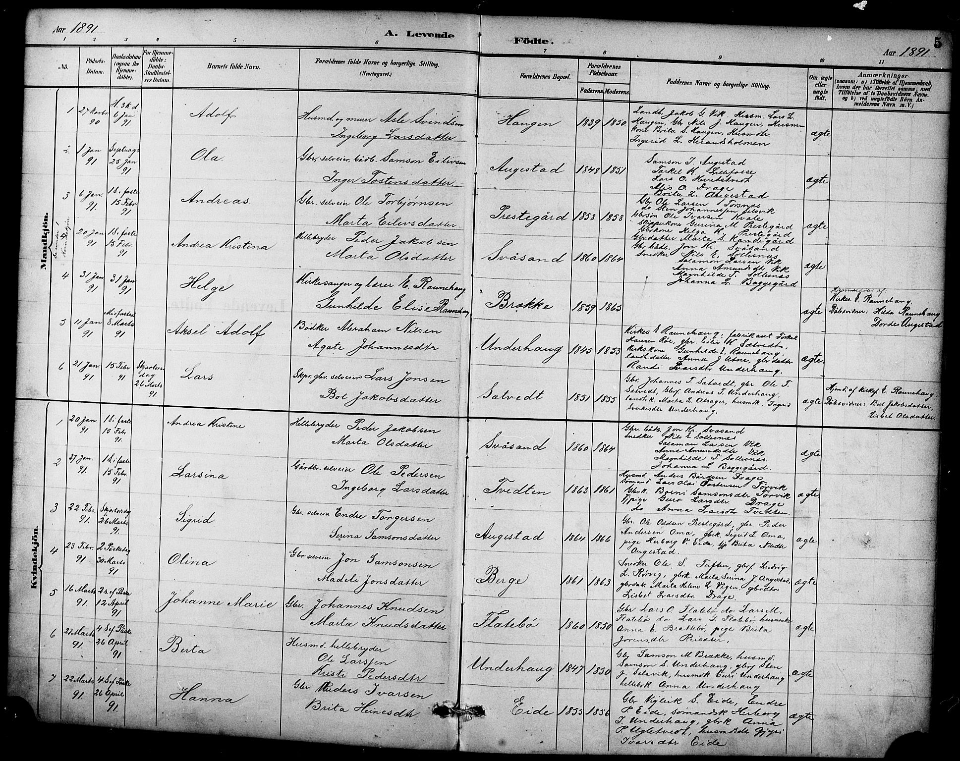 Ullensvang sokneprestembete, SAB/A-78701/H/Hab: Parish register (copy) no. D 1, 1891-1908, p. 5