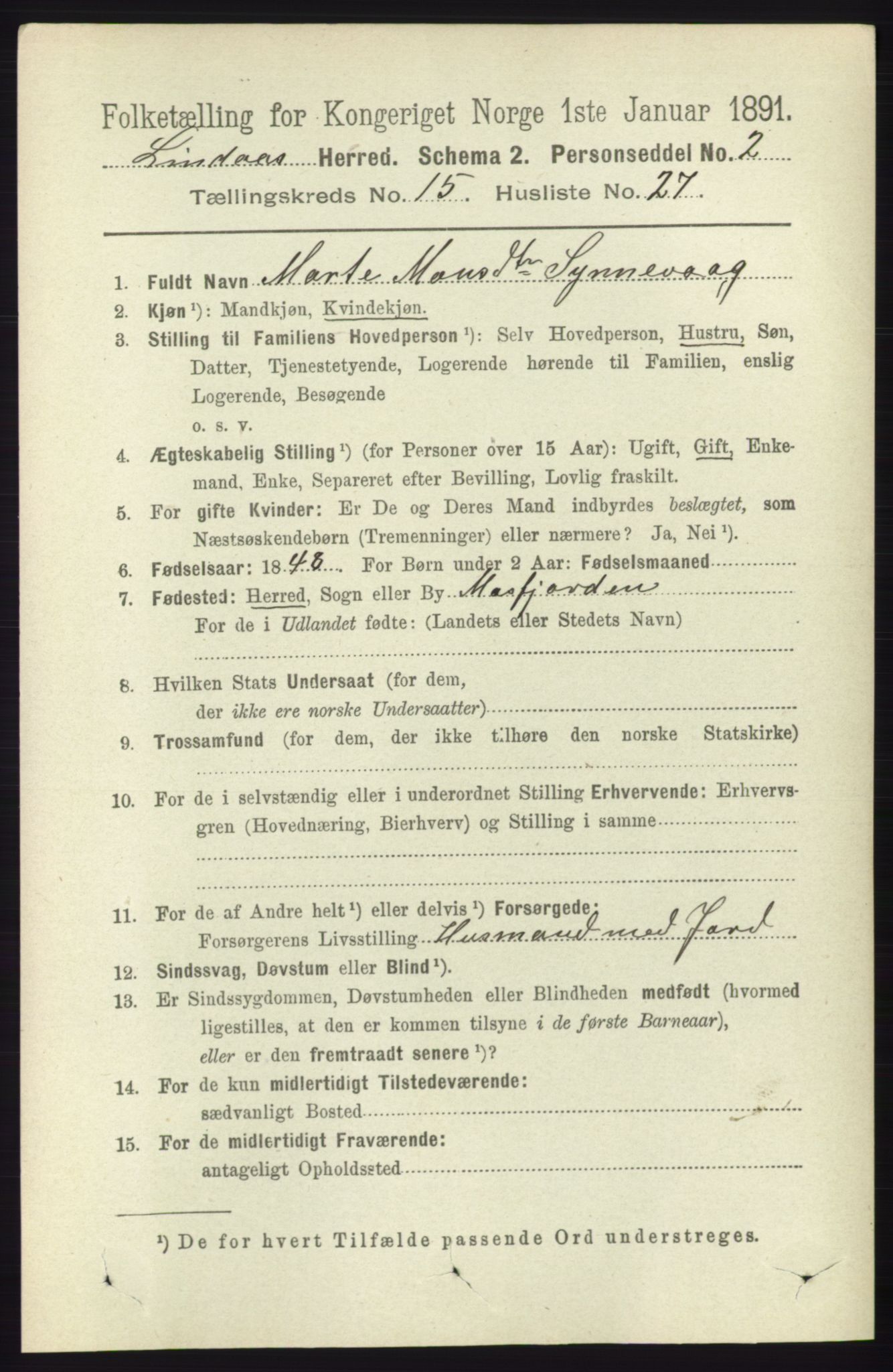 RA, 1891 census for 1263 Lindås, 1891, p. 5433