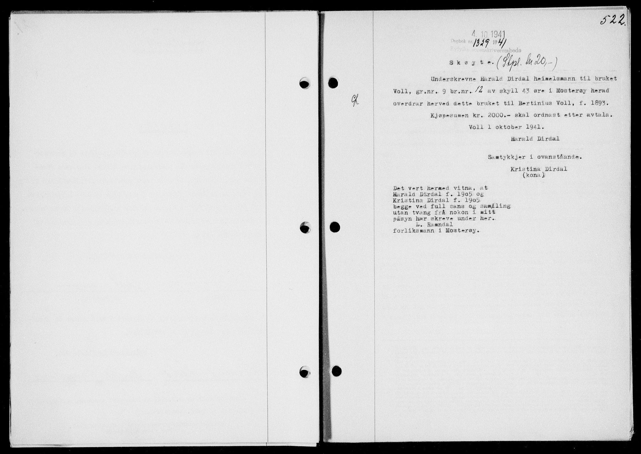 Ryfylke tingrett, SAST/A-100055/001/II/IIB/L0085: Mortgage book no. 64, 1941-1941, Diary no: : 1329/1941