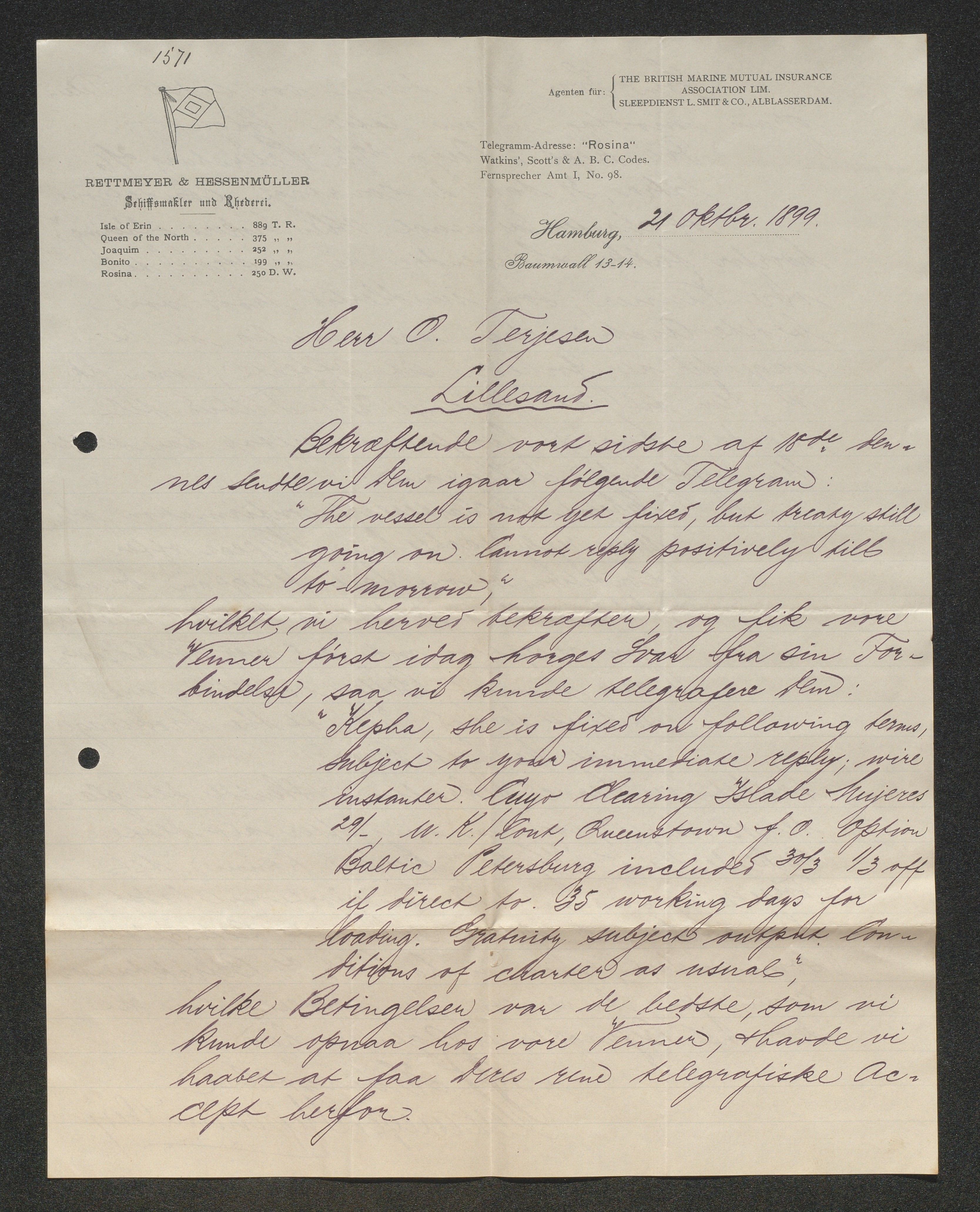 O. Terjesens rederi, AAKS/PA-2525/E/E01/L0005: Korrespondanse, 1898-1899