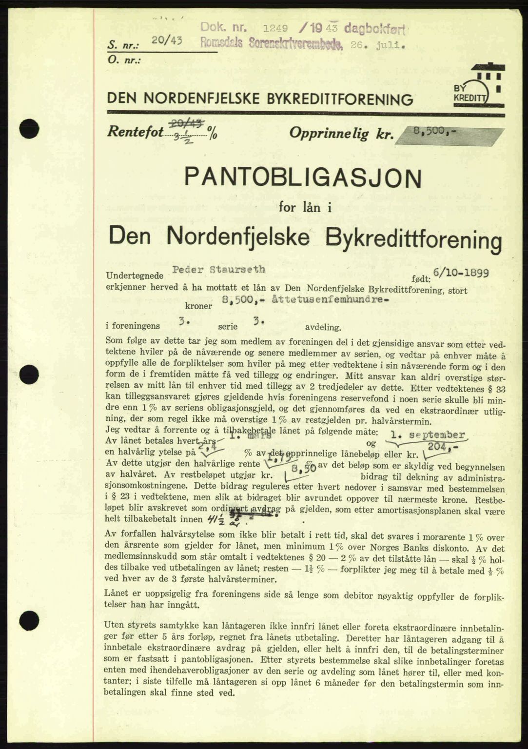 Romsdal sorenskriveri, AV/SAT-A-4149/1/2/2C: Mortgage book no. B2, 1939-1945, Diary no: : 1249/1943