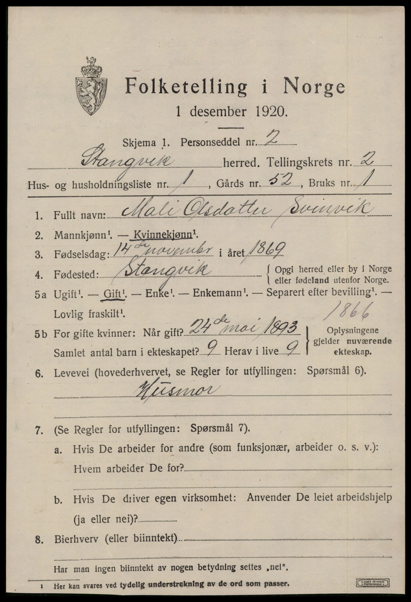 SAT, 1920 census for Stangvik, 1920, p. 1422