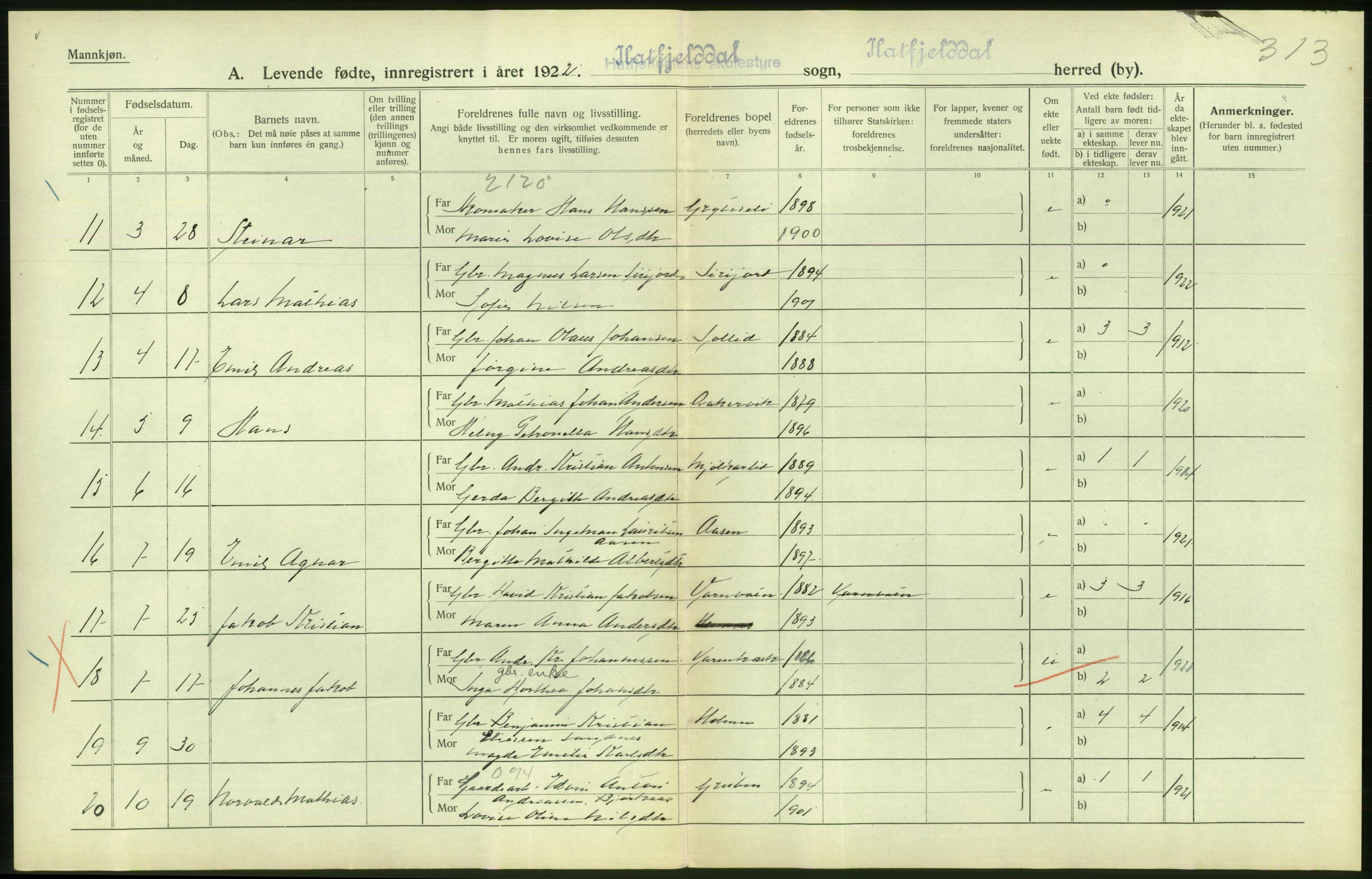 Statistisk sentralbyrå, Sosiodemografiske emner, Befolkning, AV/RA-S-2228/D/Df/Dfc/Dfcb/L0044: Nordland fylke: Levendefødte menn og kvinner. Bygder og byer., 1922, p. 372