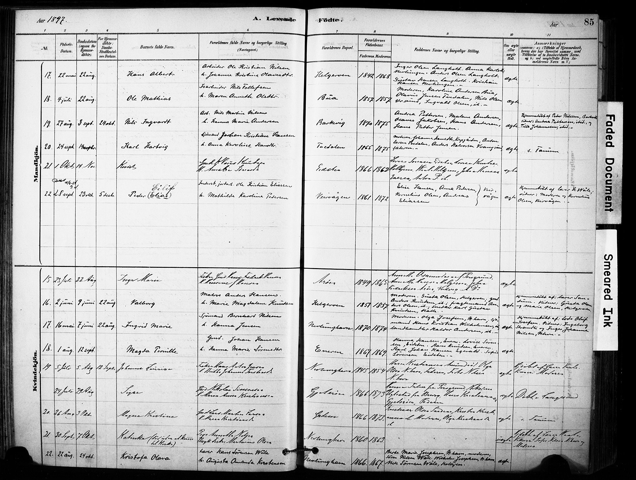 Brunlanes kirkebøker, SAKO/A-342/F/Fb/L0001: Parish register (official) no. II 1, 1878-1899, p. 85