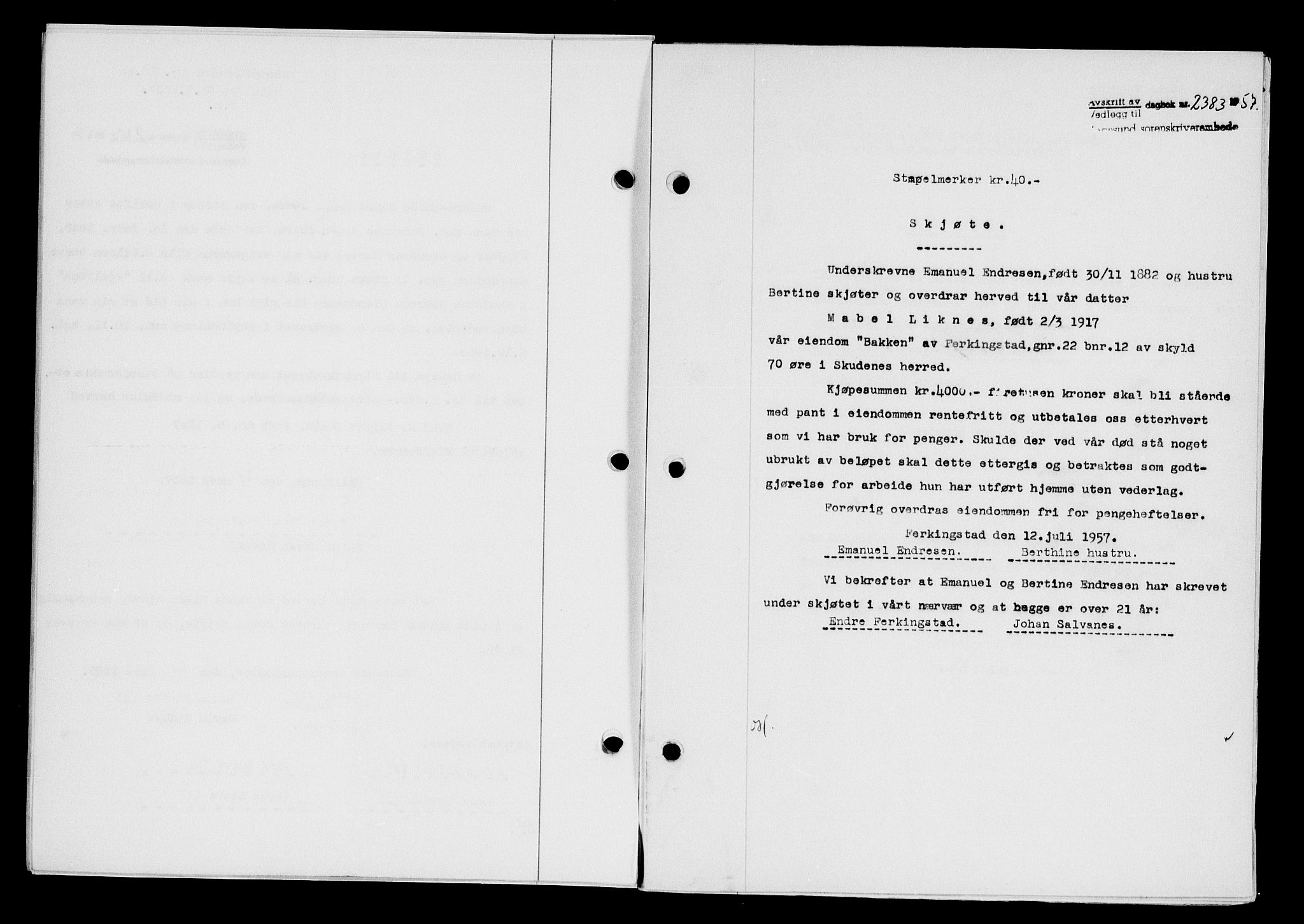 Karmsund sorenskriveri, AV/SAST-A-100311/01/II/IIB/L0125: Mortgage book no. 105A, 1957-1957, Diary no: : 2383/1957