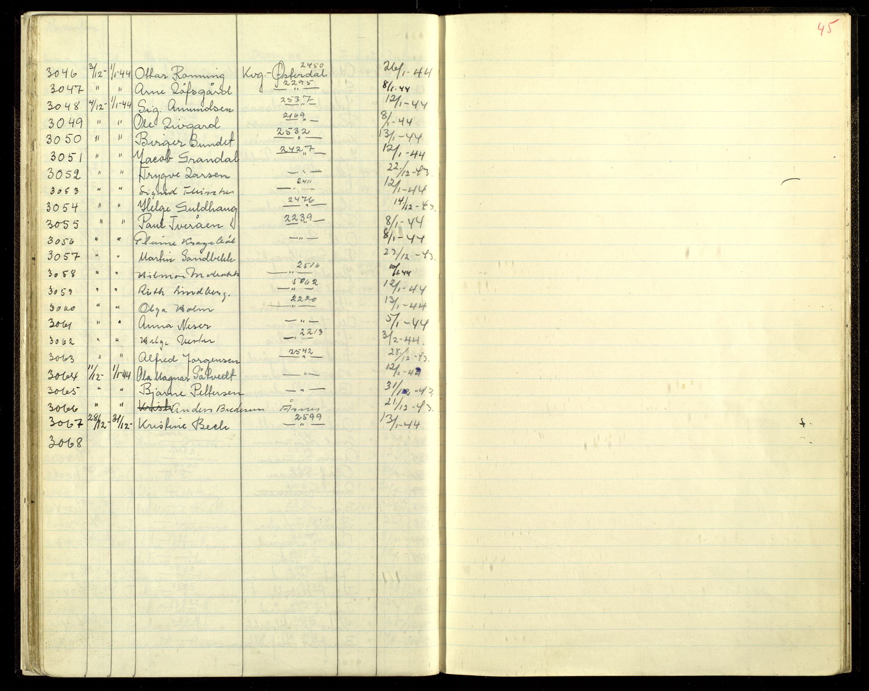 Åsnes lensmannskontor, AV/SAH-LHÅ-025/L/Ld/Lda/L0001: Protokoll over utstedte passèrsedler til Grensesone vest og Grensesone øst og grenseboerbevis, 1941-1945, p. 45