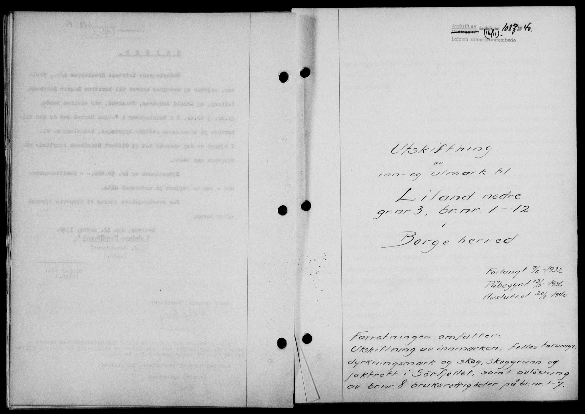 Lofoten sorenskriveri, SAT/A-0017/1/2/2C/L0008a: Mortgage book no. 8a, 1940-1941, Diary no: : 1087/1940