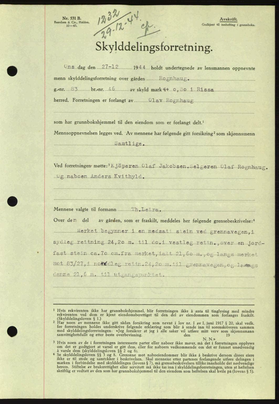 Fosen sorenskriveri, AV/SAT-A-1107/1/2/2C: Mortgage book no. A3, 1943-1945, Diary no: : 1232/1944