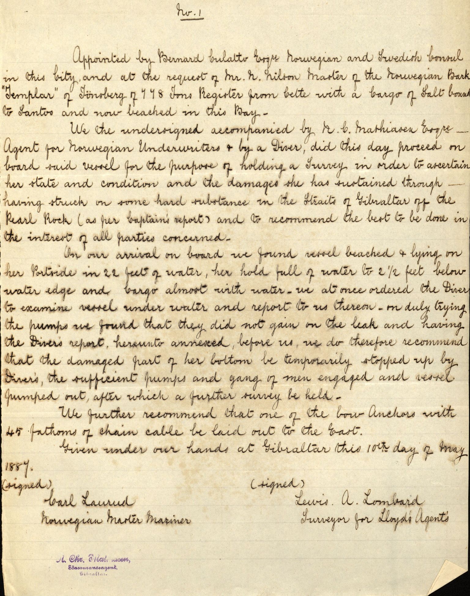 Pa 63 - Østlandske skibsassuranceforening, VEMU/A-1079/G/Ga/L0020/0003: Havaridokumenter / Anton, Diamant, Templar, Finn, Eliezer, Arctic, 1887, p. 174