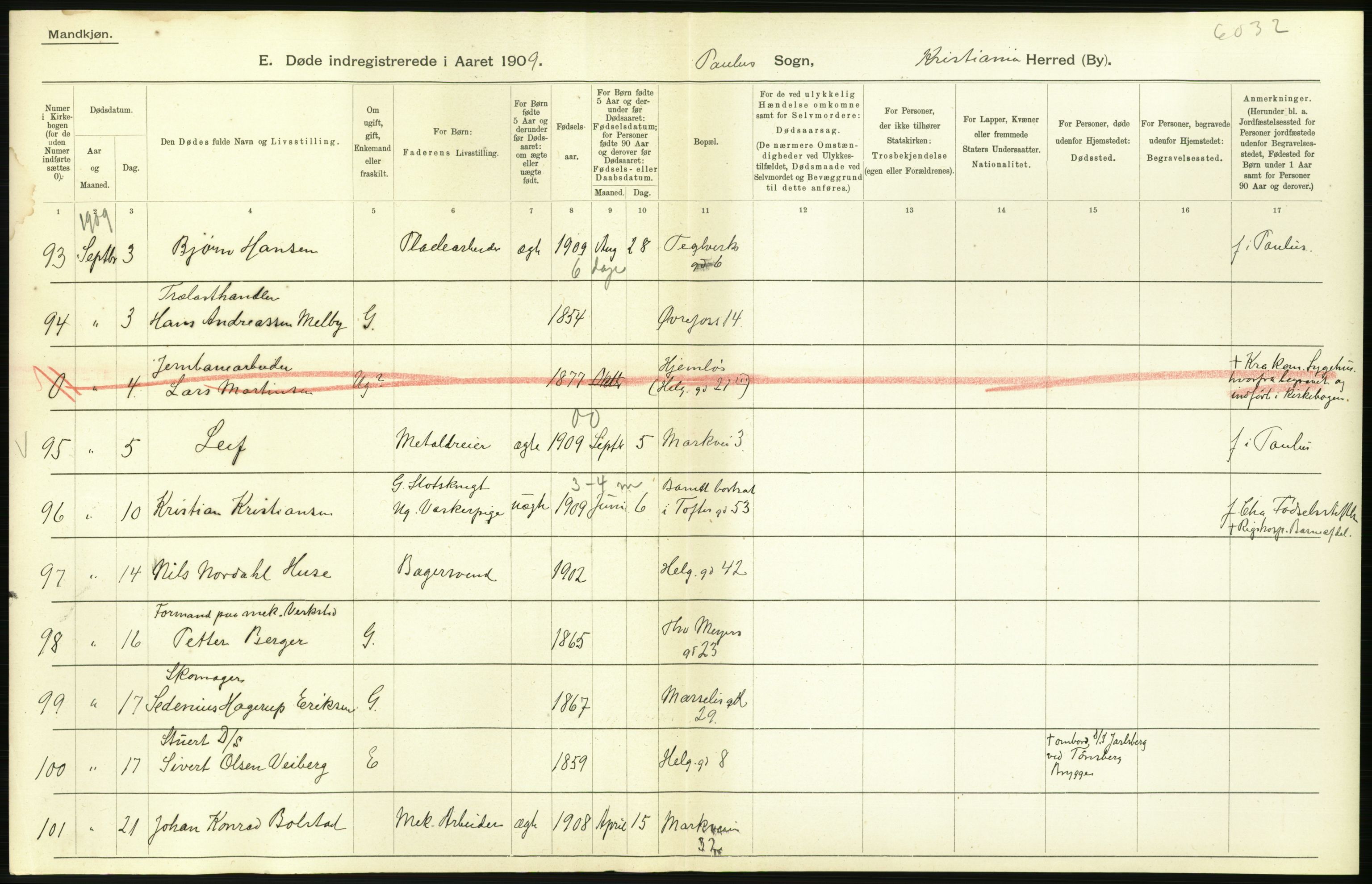 Statistisk sentralbyrå, Sosiodemografiske emner, Befolkning, RA/S-2228/D/Df/Dfa/Dfag/L0010: Kristiania: Døde, dødfødte., 1909, p. 236