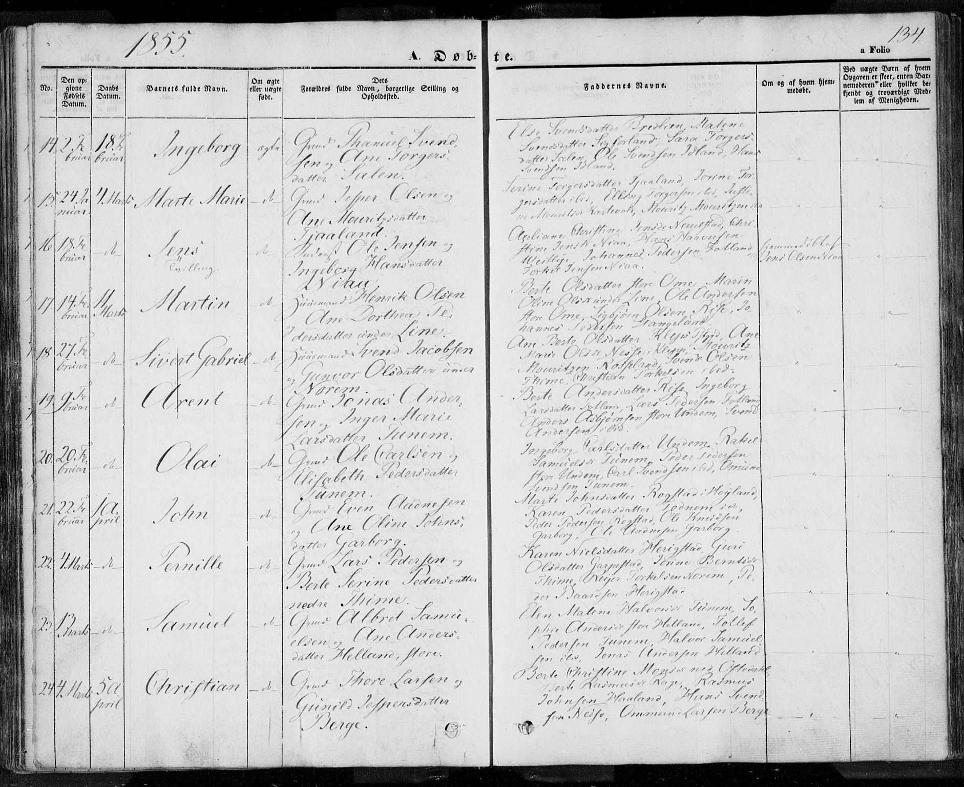 Lye sokneprestkontor, SAST/A-101794/001/30BA/L0005: Parish register (official) no. A 5.1, 1842-1855, p. 134