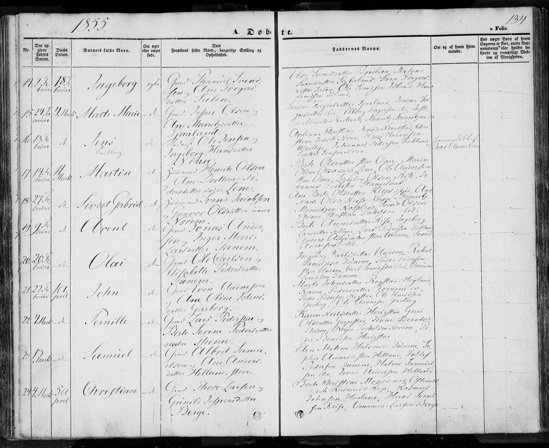 Lye sokneprestkontor, AV/SAST-A-101794/001/30BA/L0005: Parish register (official) no. A 5.1, 1842-1855, p. 134