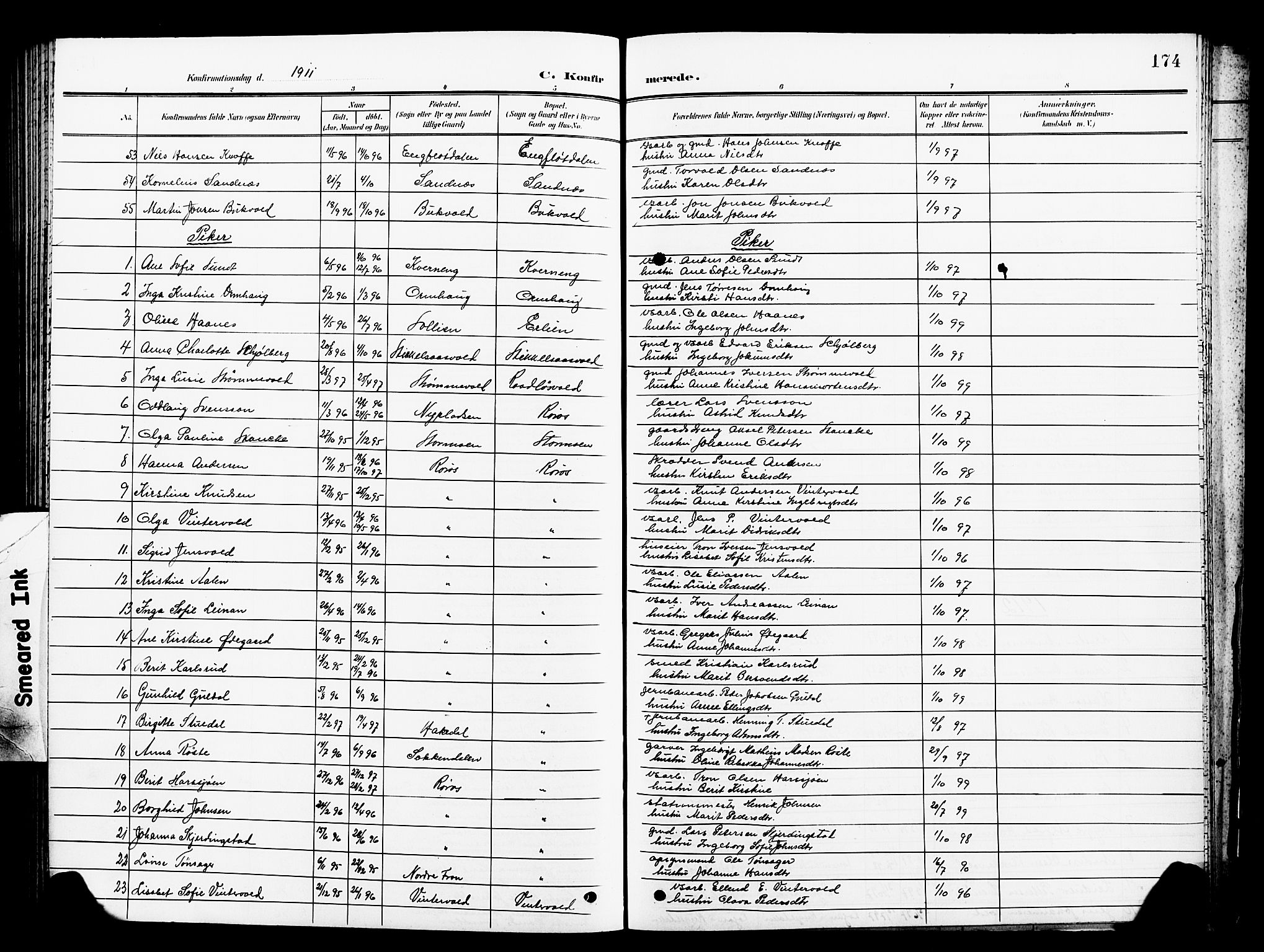 Ministerialprotokoller, klokkerbøker og fødselsregistre - Sør-Trøndelag, SAT/A-1456/681/L0942: Parish register (copy) no. 681C06, 1906-1925, p. 174