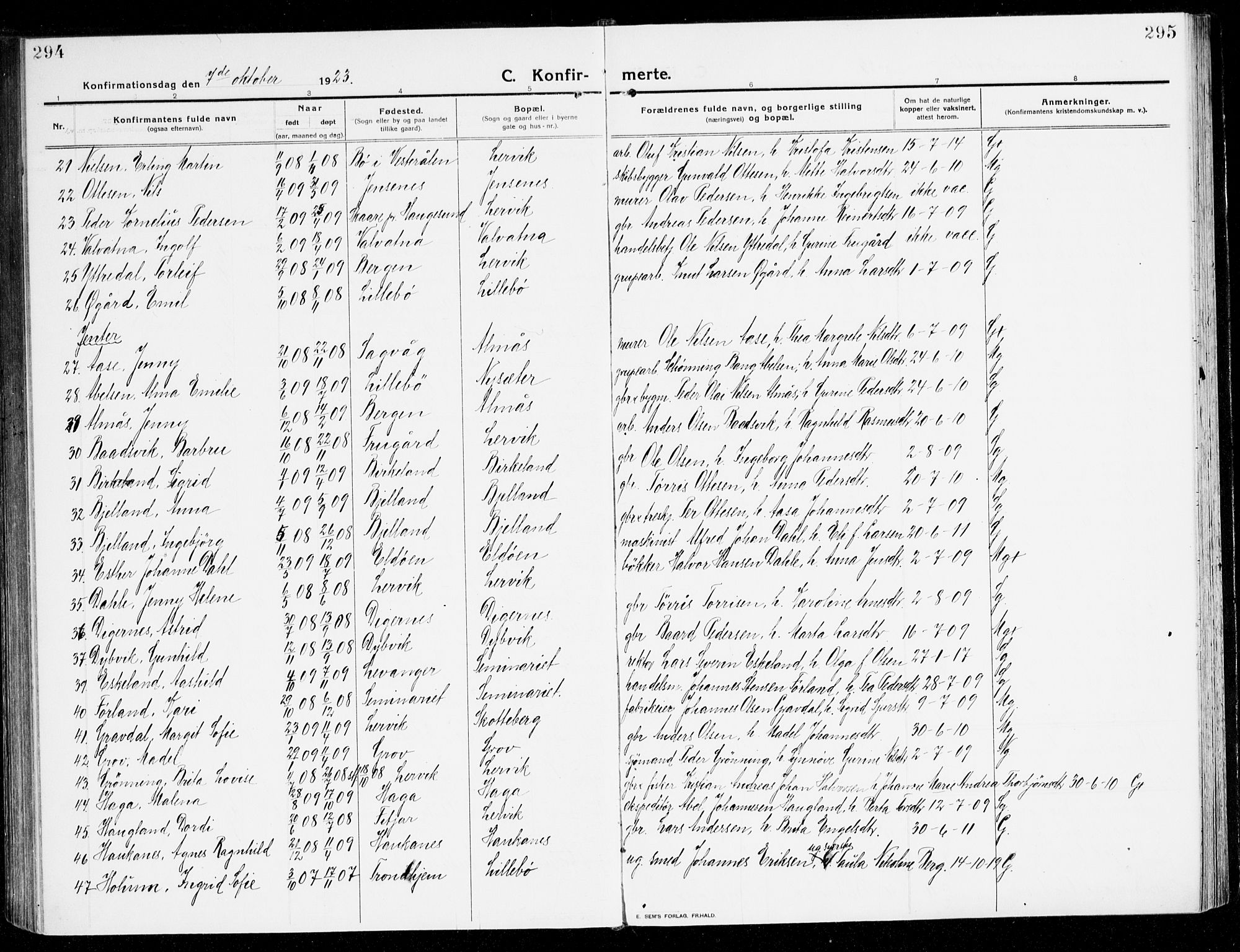 Stord sokneprestembete, AV/SAB-A-78201/H/Haa: Parish register (official) no. B 3, 1913-1925, p. 294-295