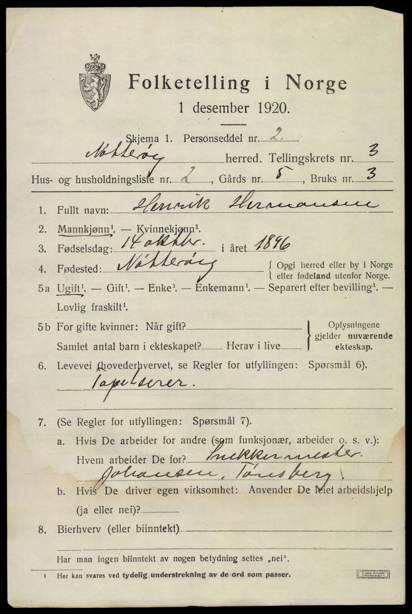 SAKO, 1920 census for Nøtterøy, 1920, p. 5577