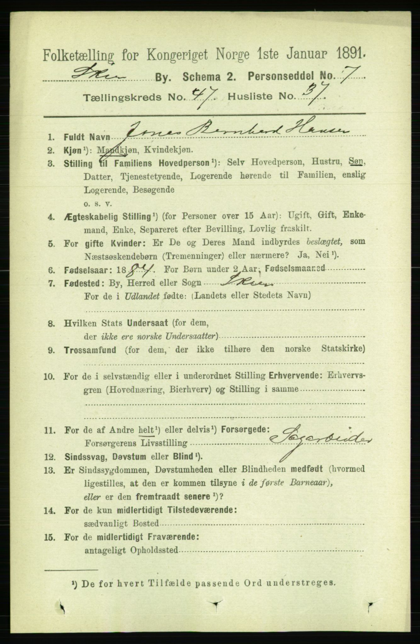 RA, 1891 census for 0806 Skien, 1891, p. 9529