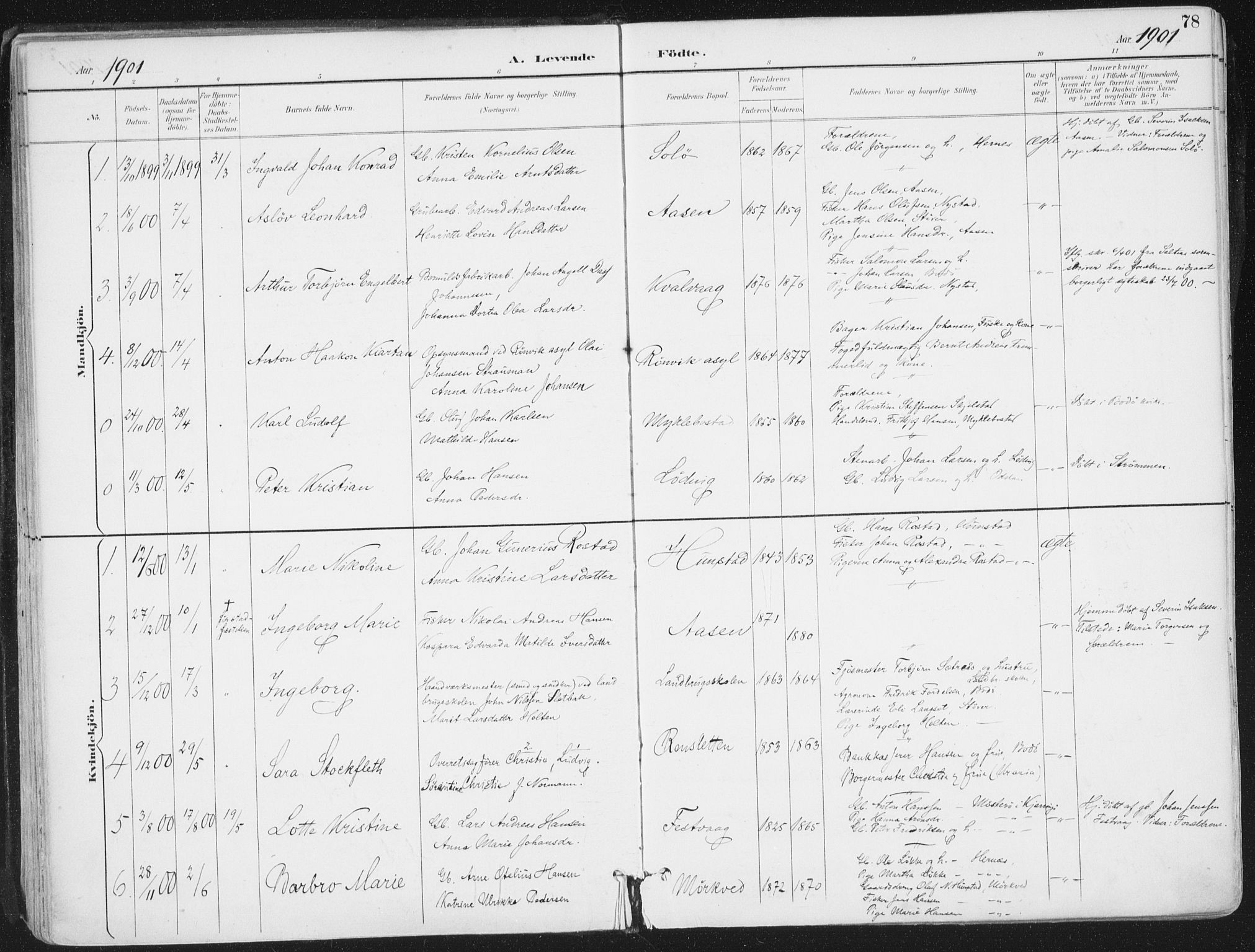 Ministerialprotokoller, klokkerbøker og fødselsregistre - Nordland, AV/SAT-A-1459/802/L0055: Parish register (official) no. 802A02, 1894-1915, p. 78