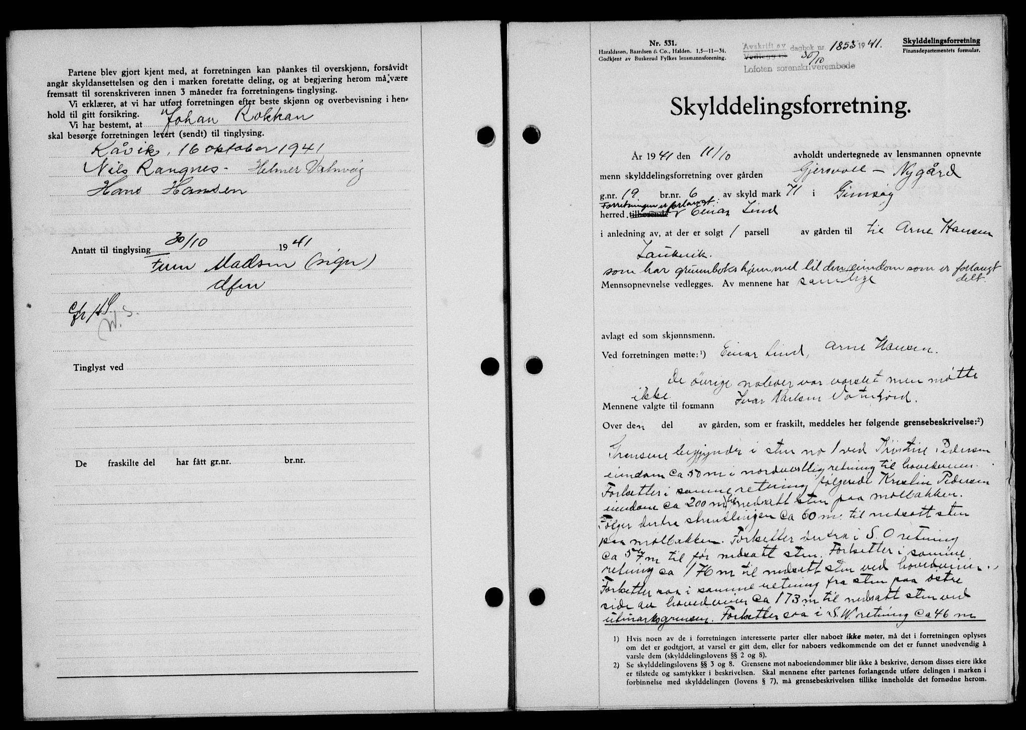 Lofoten sorenskriveri, SAT/A-0017/1/2/2C/L0009a: Mortgage book no. 9a, 1941-1942, Diary no: : 1853/1941