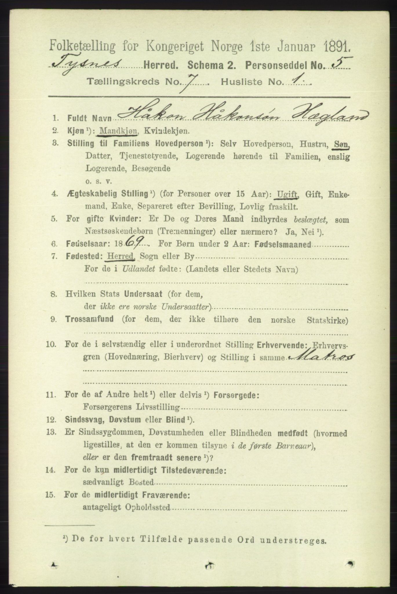 RA, 1891 census for 1223 Tysnes, 1891, p. 2882