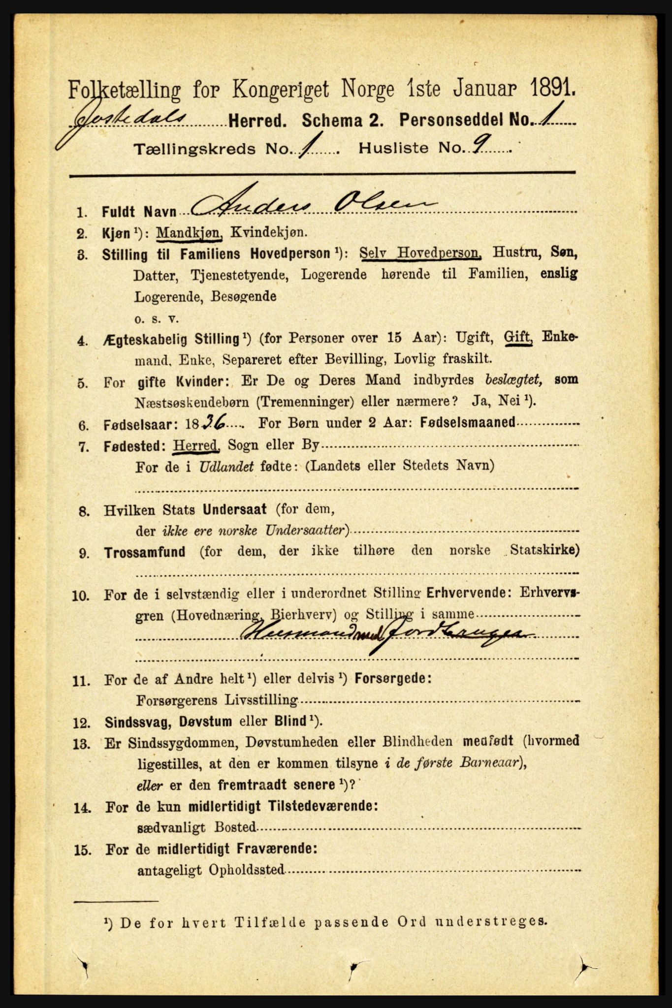 RA, 1891 census for 1427 Jostedal, 1891, p. 131