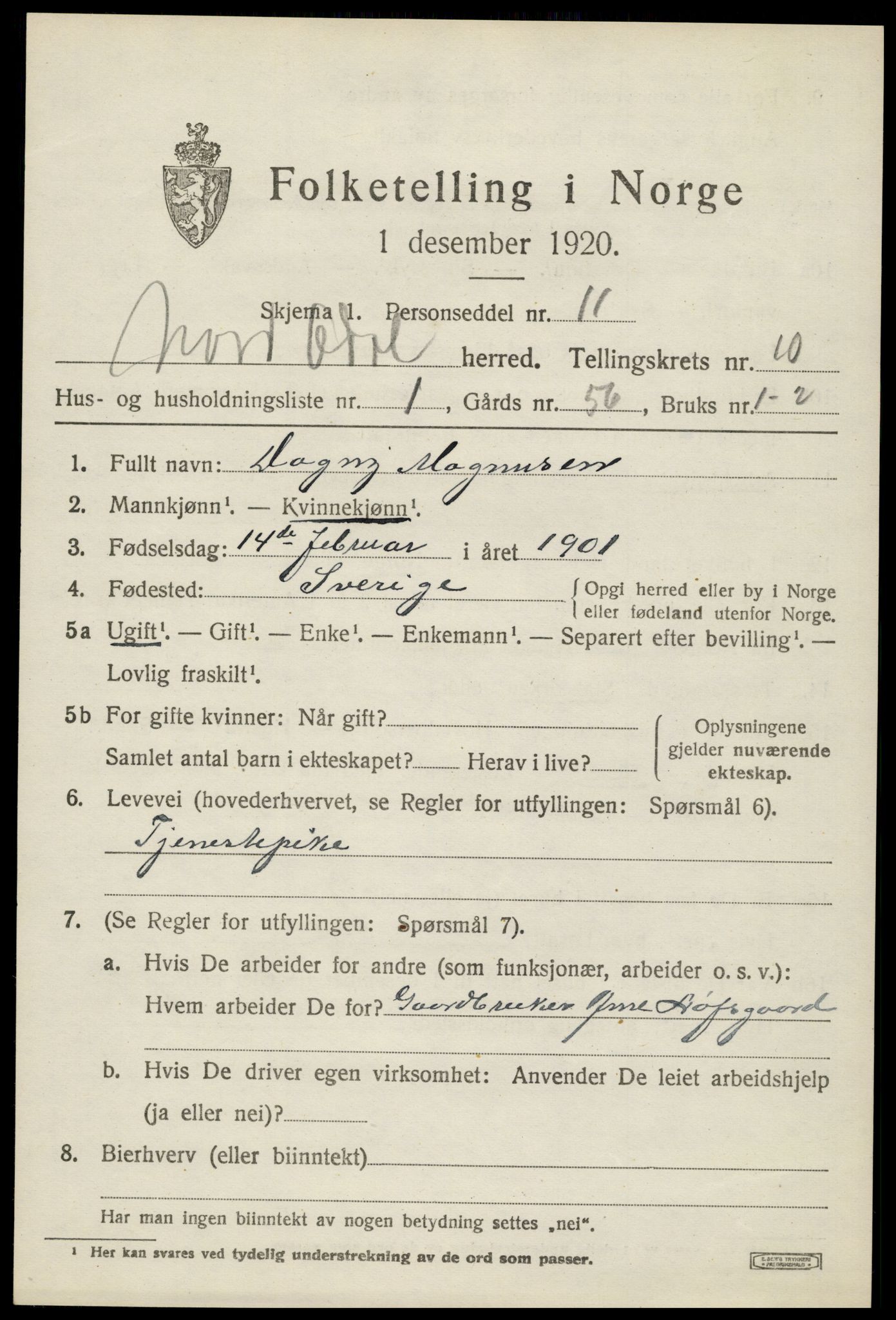 SAH, 1920 census for Nord-Odal, 1920, p. 10893