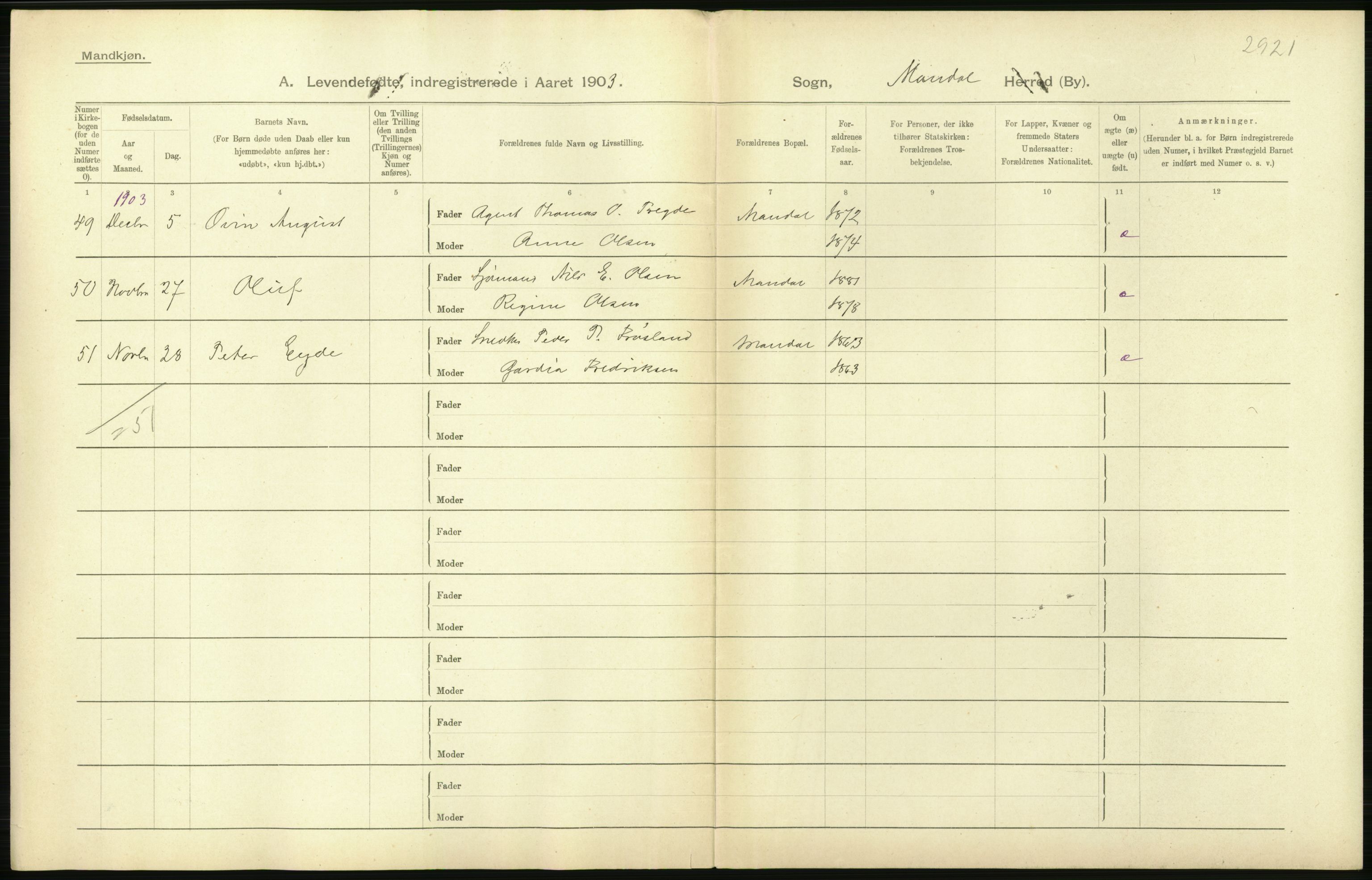 Statistisk sentralbyrå, Sosiodemografiske emner, Befolkning, AV/RA-S-2228/D/Df/Dfa/Dfaa/L0011: Lister og Mandal amt: Fødte, gifte, døde, 1903, p. 202