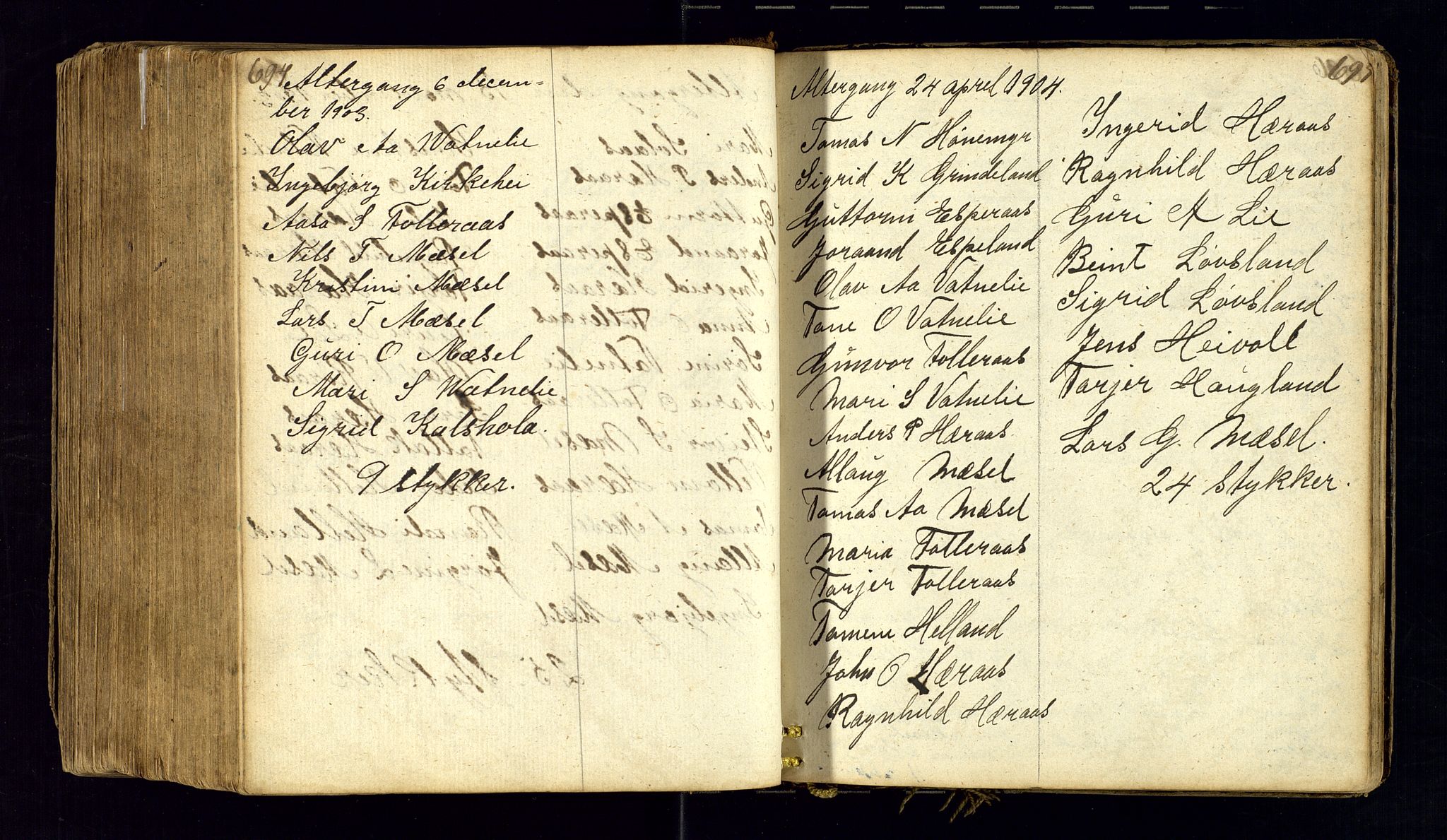 Bjelland sokneprestkontor, SAK/1111-0005/F/Fc/Fcb/L0001: Communicants register no. C-1, 1827-1906, p. 694-695