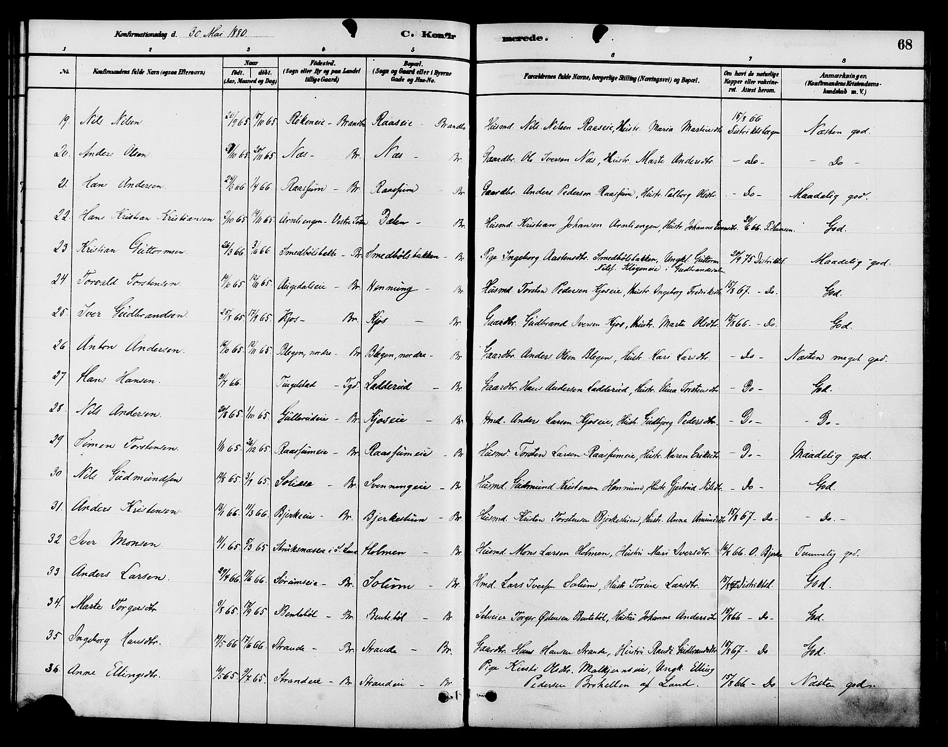 Gran prestekontor, AV/SAH-PREST-112/H/Ha/Haa/L0015: Parish register (official) no. 15, 1880-1888, p. 68