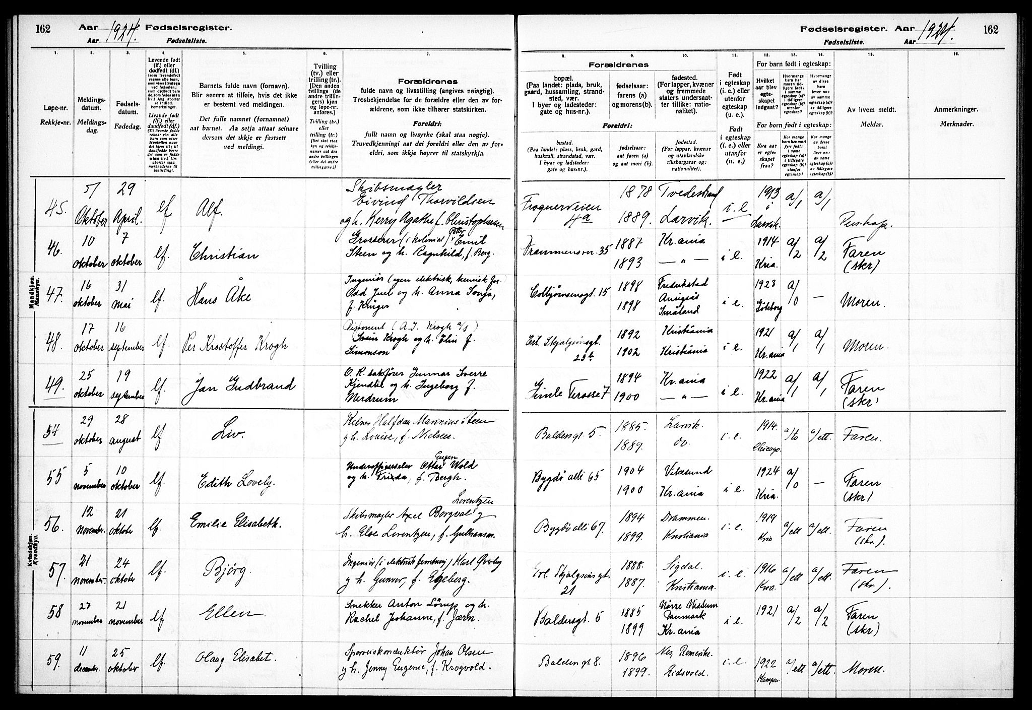 Frogner prestekontor Kirkebøker, AV/SAO-A-10886/J/Ja/L0001: Birth register no. 1, 1916-1927, p. 162