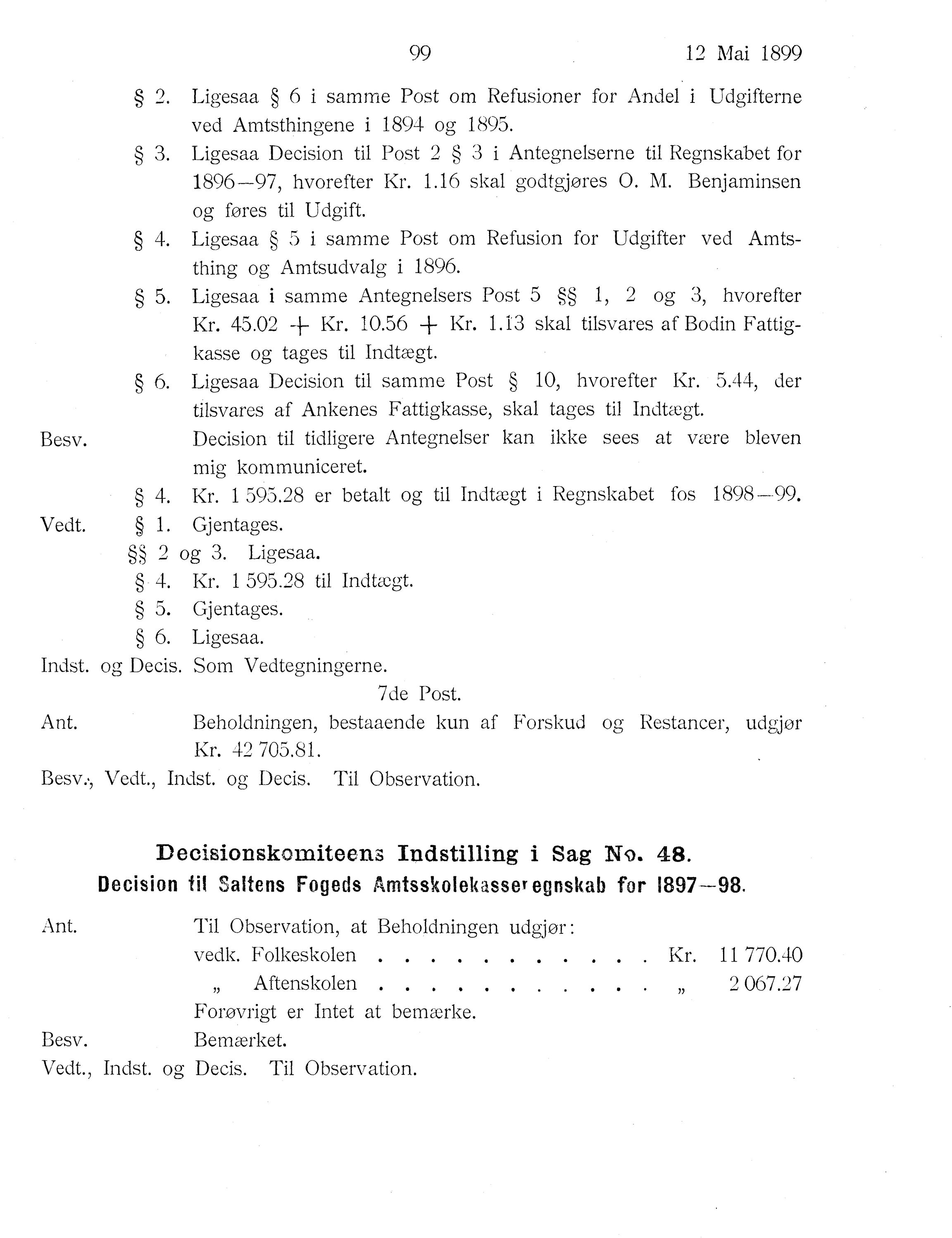 Nordland Fylkeskommune. Fylkestinget, AIN/NFK-17/176/A/Ac/L0022: Fylkestingsforhandlinger 1899, 1899, p. 99