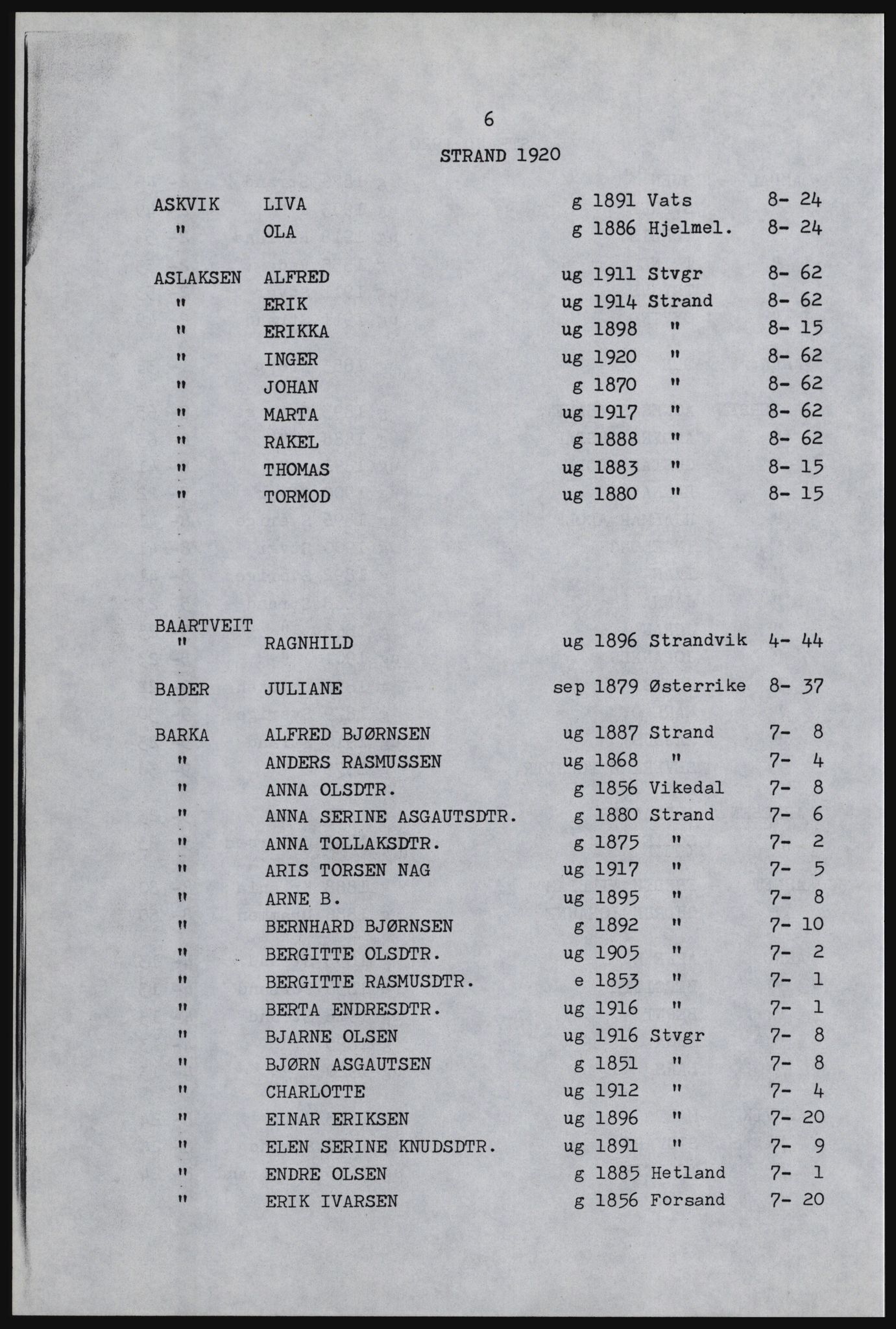 SAST, Copy of 1920 census for Strand, 1920, p. 12