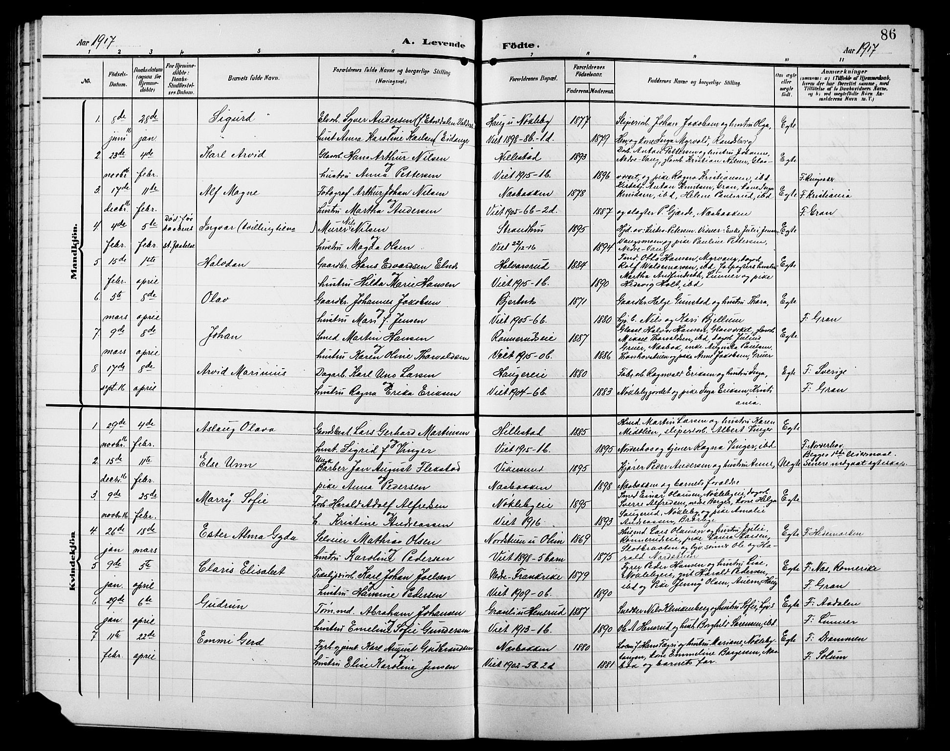 Jevnaker prestekontor, SAH/PREST-116/H/Ha/Hab/L0004: Parish register (copy) no. 4, 1907-1918, p. 86