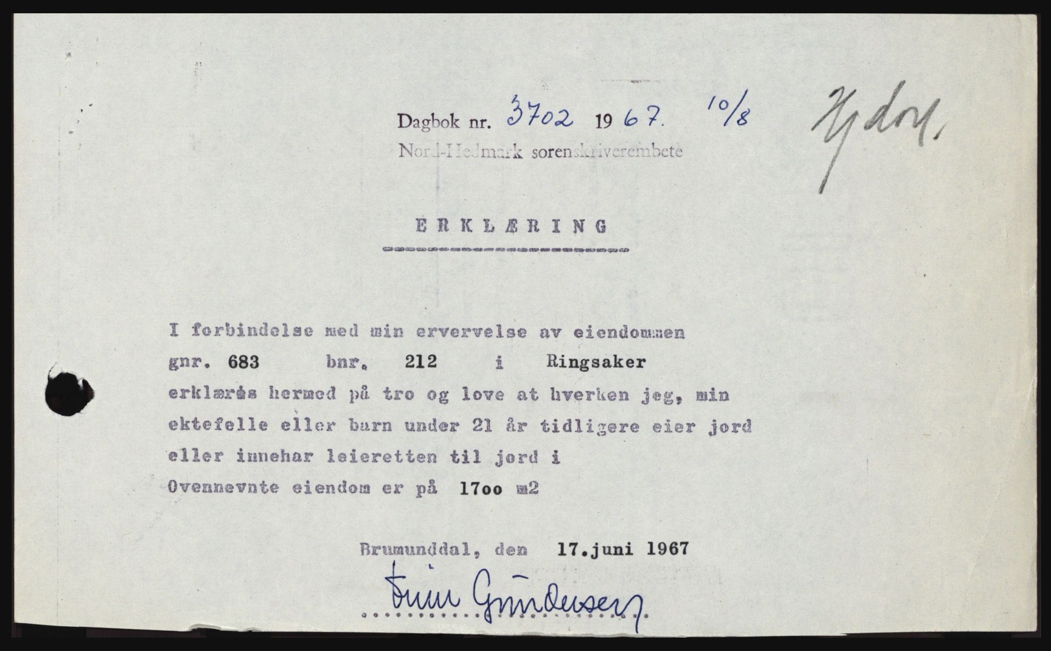 Nord-Hedmark sorenskriveri, SAH/TING-012/H/Hc/L0026: Mortgage book no. 26, 1967-1967, Diary no: : 3702/1967