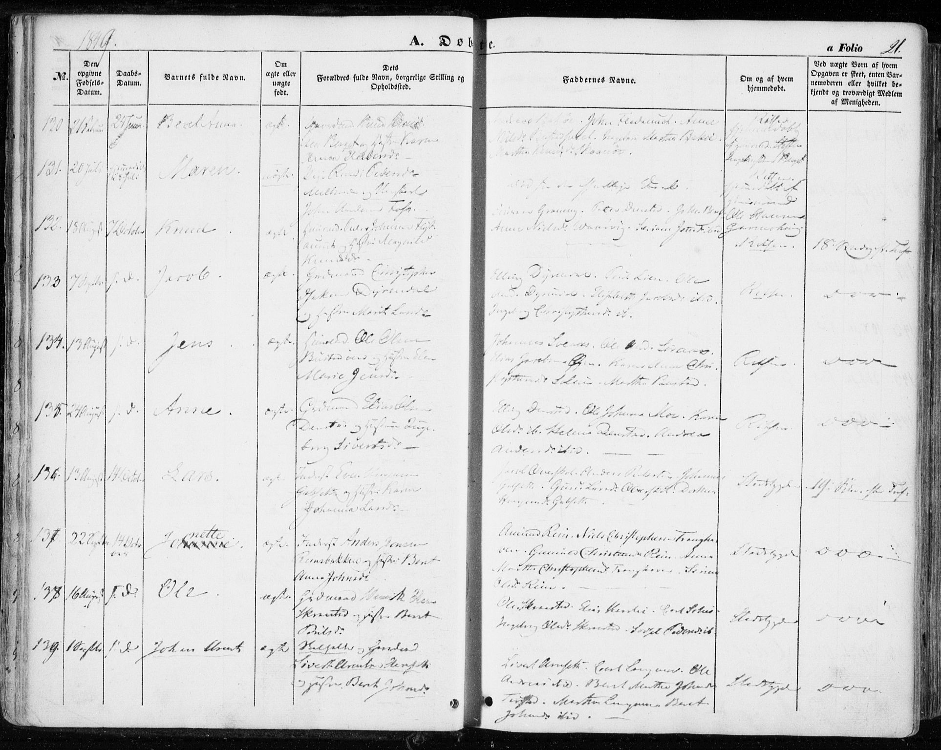 Ministerialprotokoller, klokkerbøker og fødselsregistre - Sør-Trøndelag, SAT/A-1456/646/L0611: Parish register (official) no. 646A09, 1848-1857, p. 21