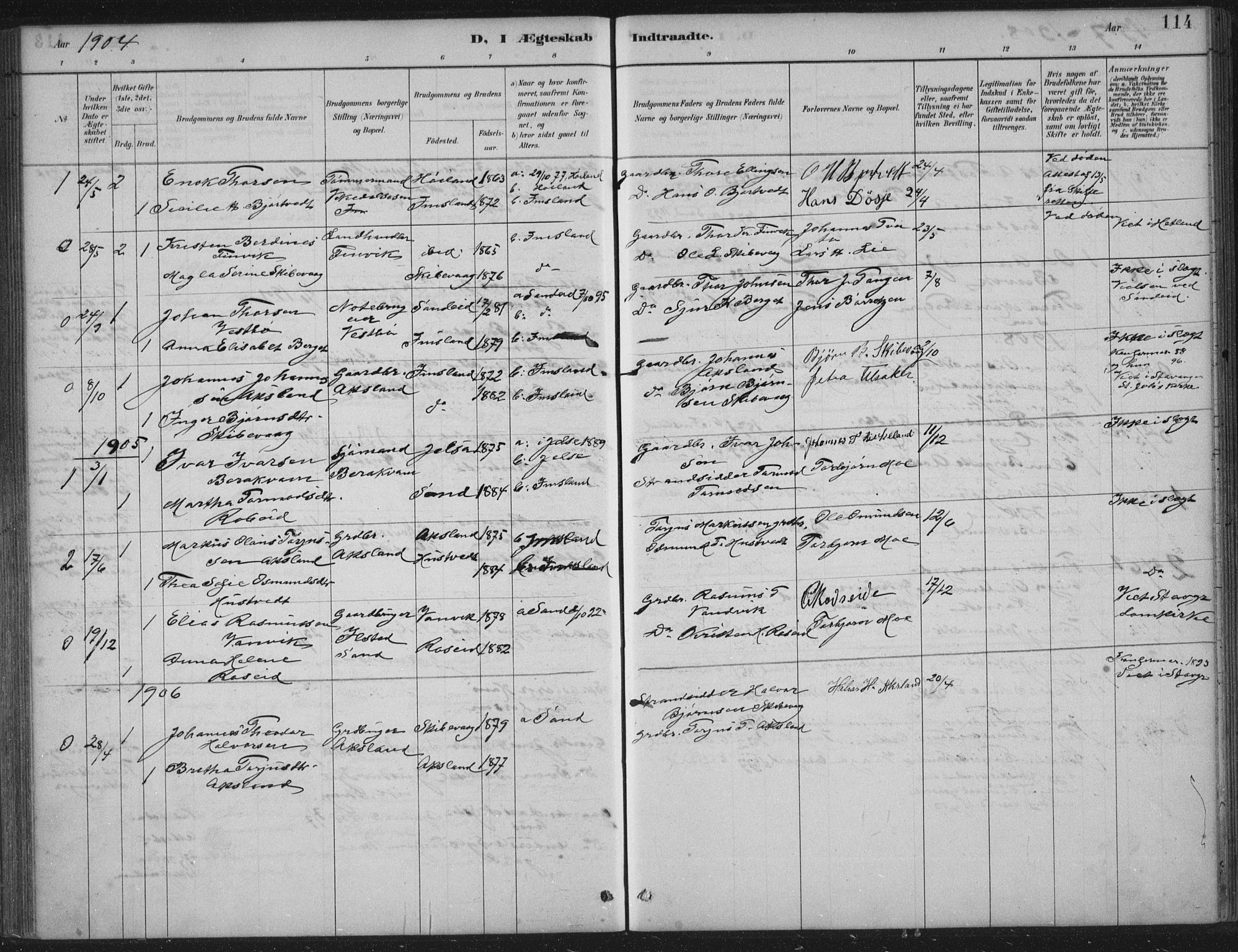 Vikedal sokneprestkontor, AV/SAST-A-101840/01/IV: Parish register (official) no. A 12, 1886-1929, p. 114