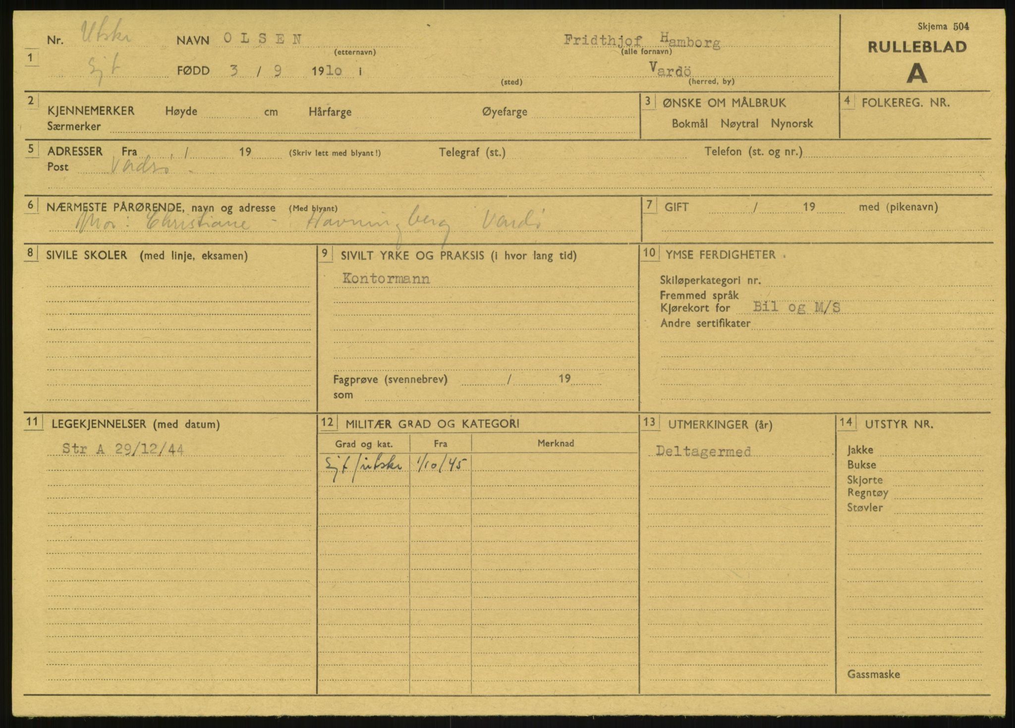 Forsvaret, Varanger bataljon, AV/RA-RAFA-2258/1/D/L0457: Rulleblad og tjenesteuttalelser for befal født 1910, 1920 og 1930, 1910-1930, p. 22