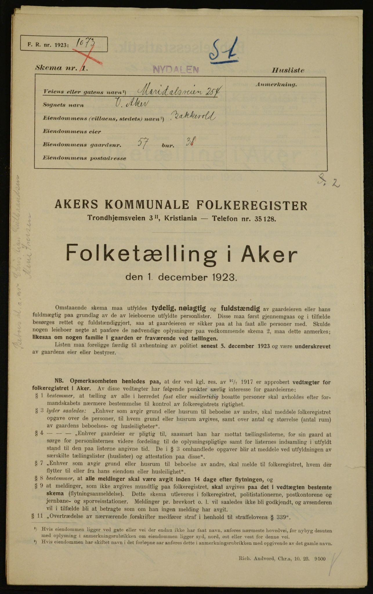 , Municipal Census 1923 for Aker, 1923, p. 14554