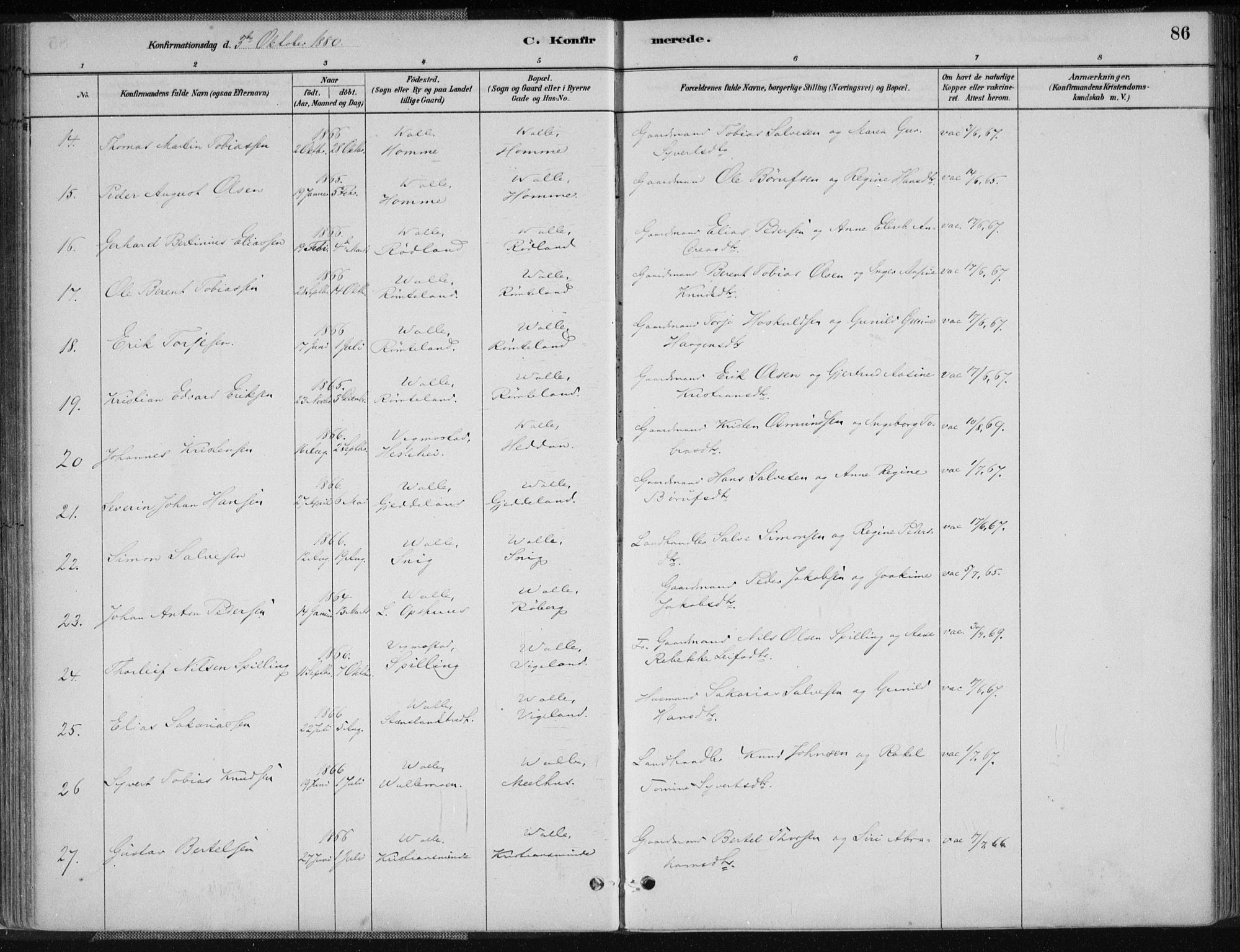 Sør-Audnedal sokneprestkontor, AV/SAK-1111-0039/F/Fa/Fab/L0009: Parish register (official) no. A 9, 1880-1895, p. 86