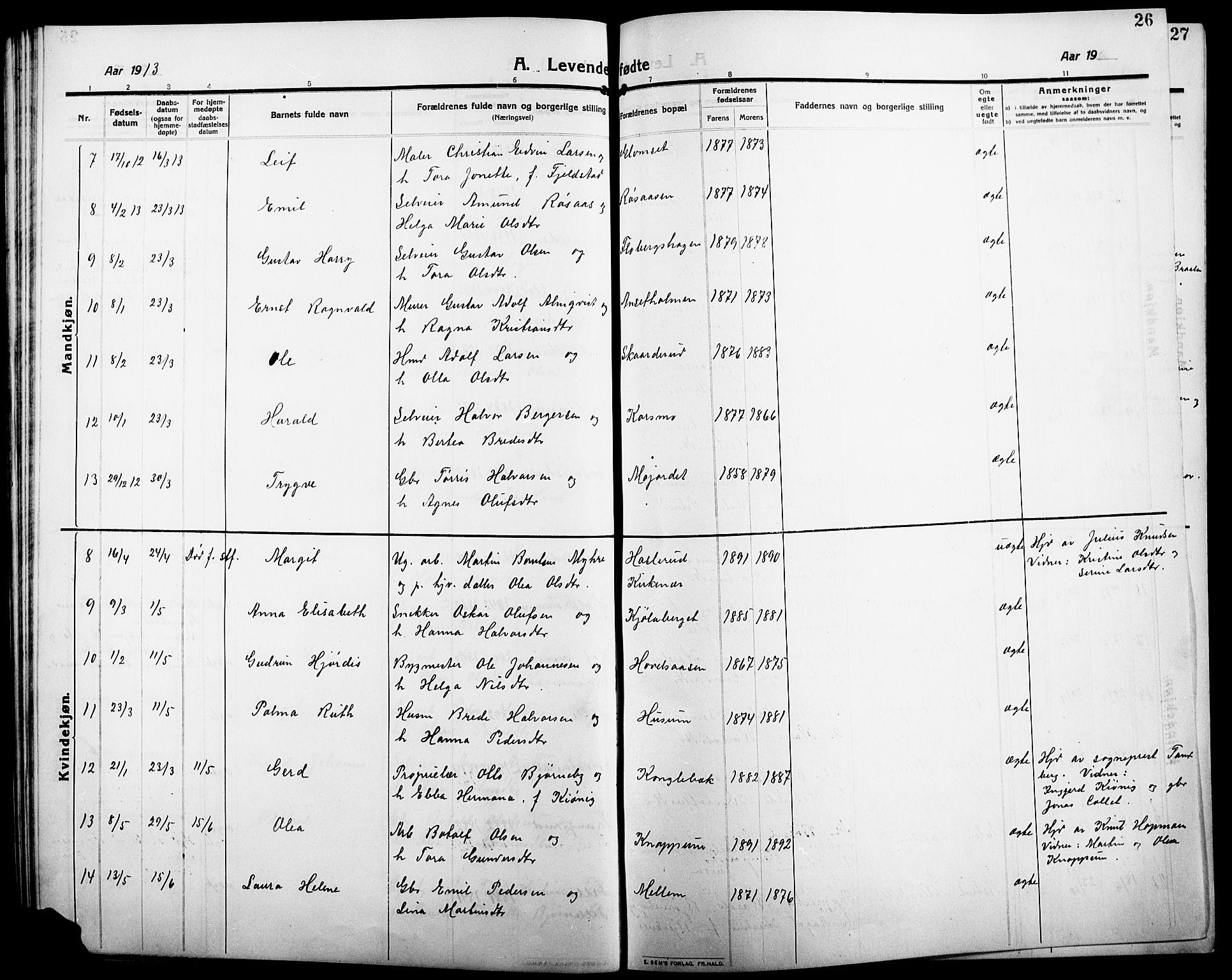 Åsnes prestekontor, SAH/PREST-042/H/Ha/Hab/L0007: Parish register (copy) no. 7, 1909-1926, p. 26